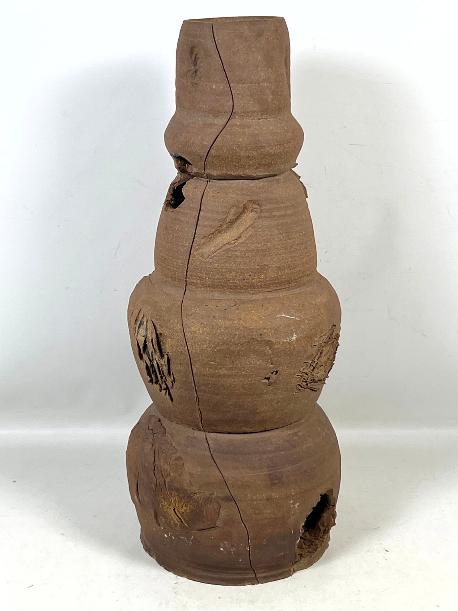 PETER VOULKOS Stack Unglazed Pottery Vase Sculpture. Faint signature. - 3