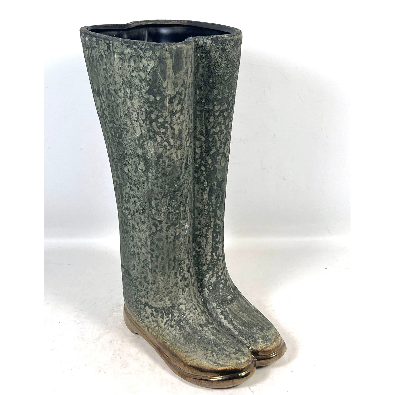 Large ceramic floor vase umbrella stand sculpture formed as a pair of joined rain boots. (1 of 12)
