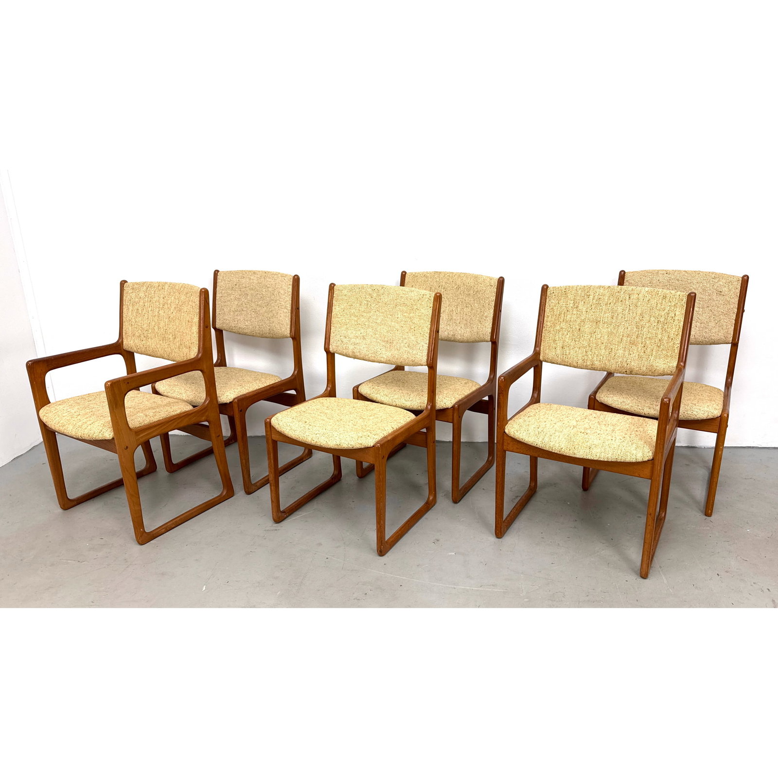Set 6 Danish Modern Style Teak Sled Base Dining Chairs Attributed to Benny Linden 2 Armchairs and 4 (1 of 13)