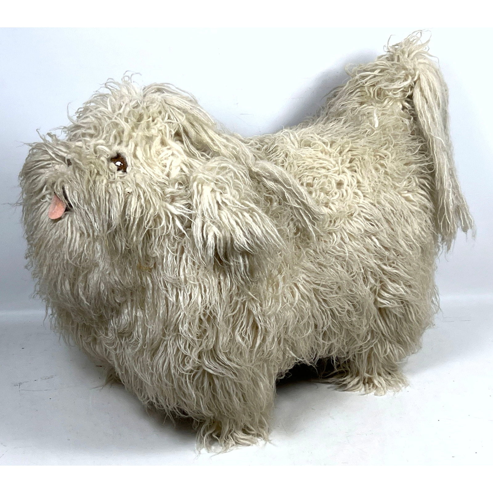 Edna Cataldo Hand Crafted Shaggy Dog Ottoman Sculpture Folk Art Dated 1983: Edna Cataldo Hand Crafted Shaggy Dog Ottoman Sculpture Folk Art Dated 1983 Dimensions: Height: 23 inches, Width: 19 inches, Depth: 33 inches. ---