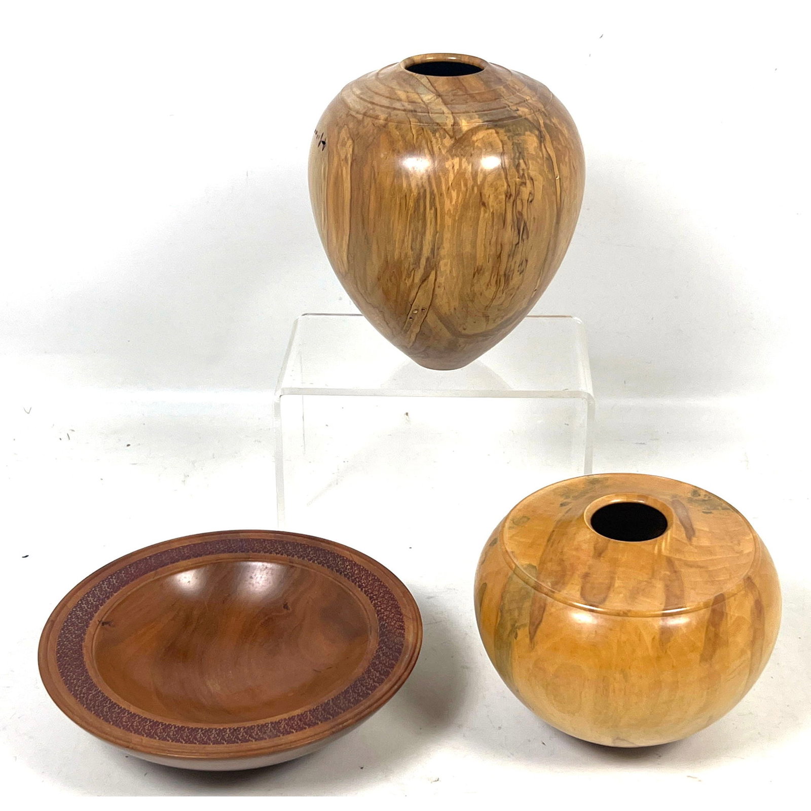3pc David Souza Studio Turned Wood lot featuring Spalted Maple vessel, Flame Box Elder vessel, and B (1 of 14)