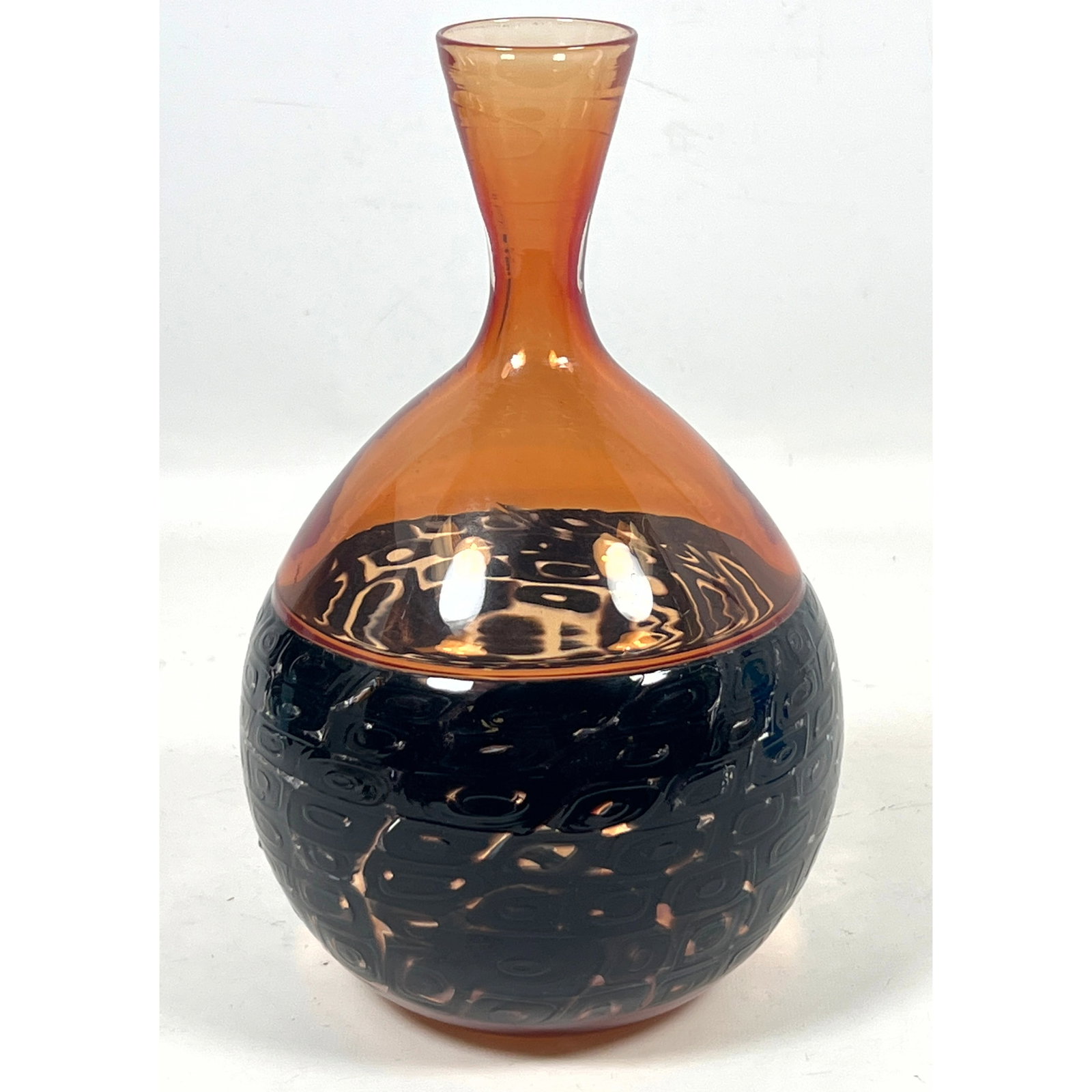 4 Murano Murrine Art Glass Vase: MCM thin glass body decorated with the tesserae technique. Pushed: 4 Murano Murrine Art Glass Vase: MCM thin glass body decorated with the tesserae technique. Pushed up pontil with shelf wear to the base. Appears to be unsigned. Dimensions: Height: 10 inches, Width: 
