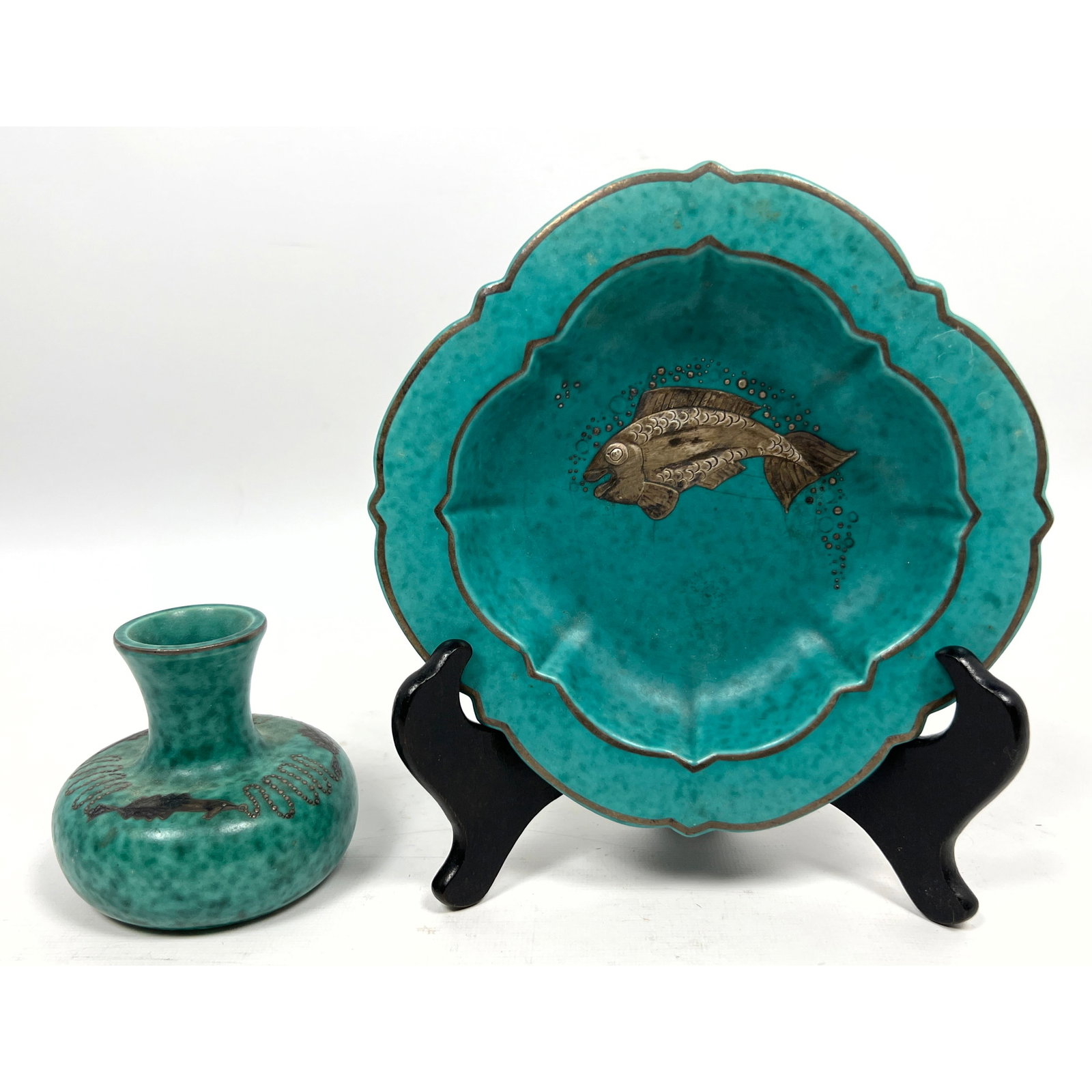 2pc Wilhelm Kage for GUSTAVSBERG. Two Argenta Fish Design pieces: Shallow Dish with Silver Overlay F (1 of 14)