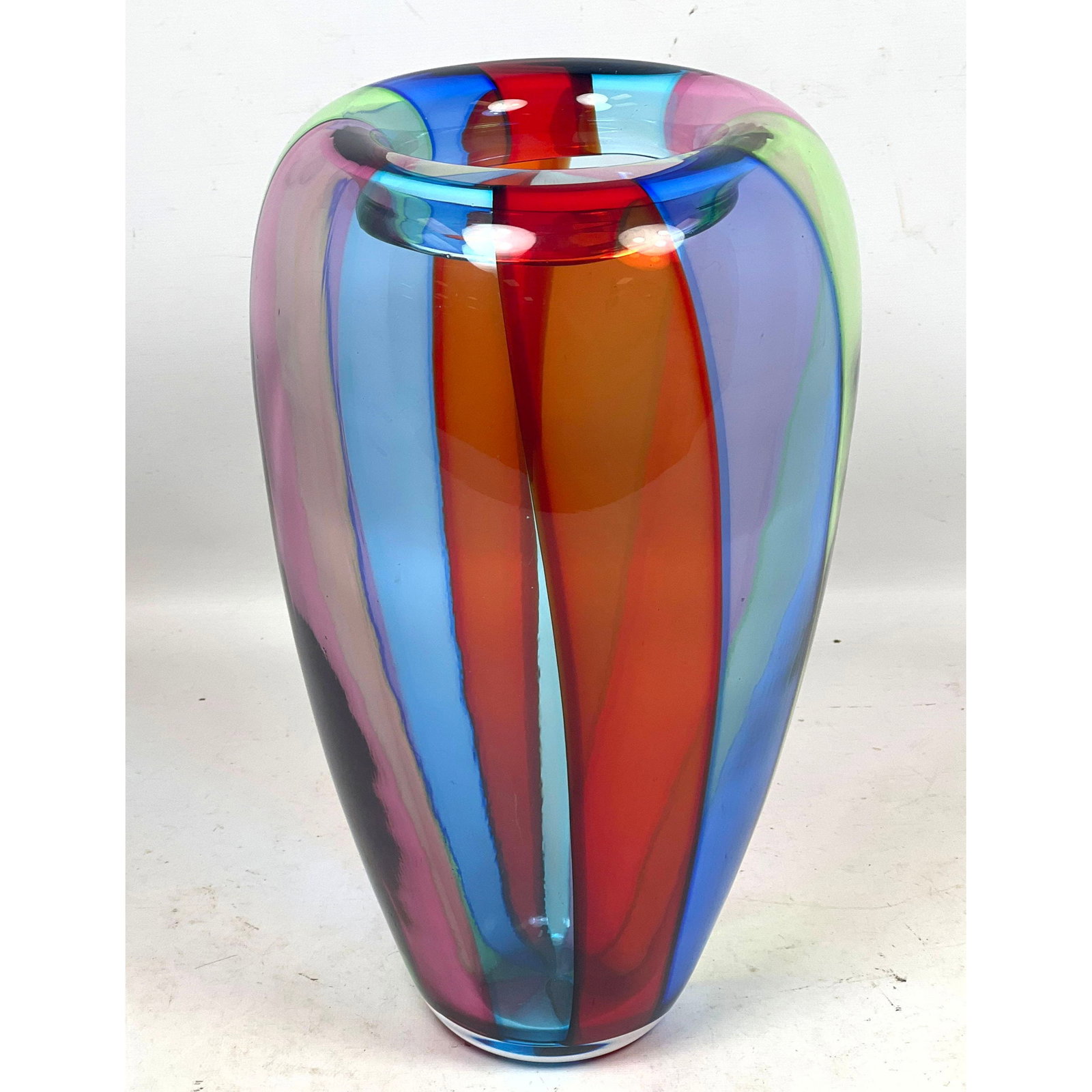 12 inch Murano style multi colored blown art glass vase. Vertical ribbon decoration. Tapering ovoid (1 of 9)