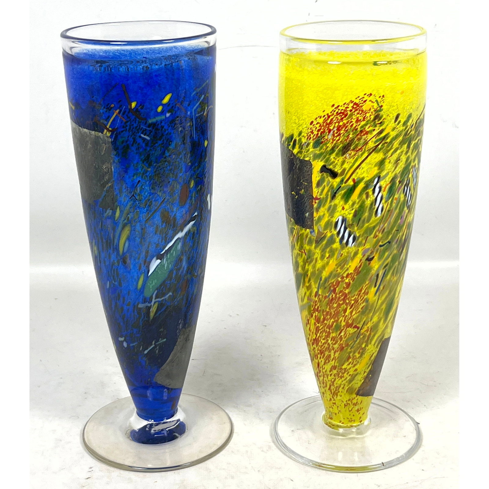 Pair Bertil Vallien for Kosta Boda Satellite Series Art Glass Vases in Cobalt Blue and Yellow. Signe (1 of 13)