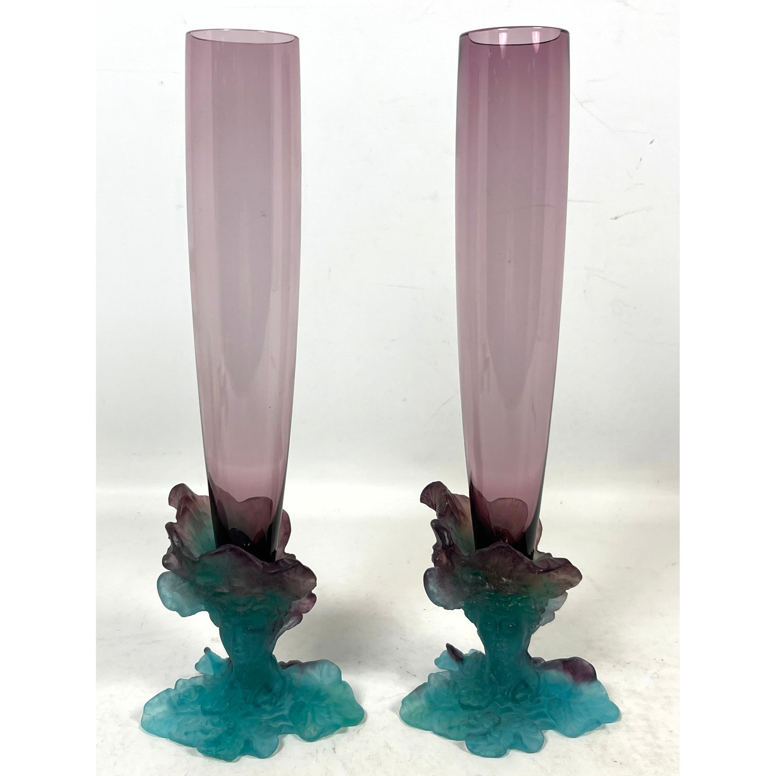 Pair of French Daum Bacchus Vases. Green and Amethyst Art Glass Vases. Pate de Verre and Blown Glass (1 of 11)