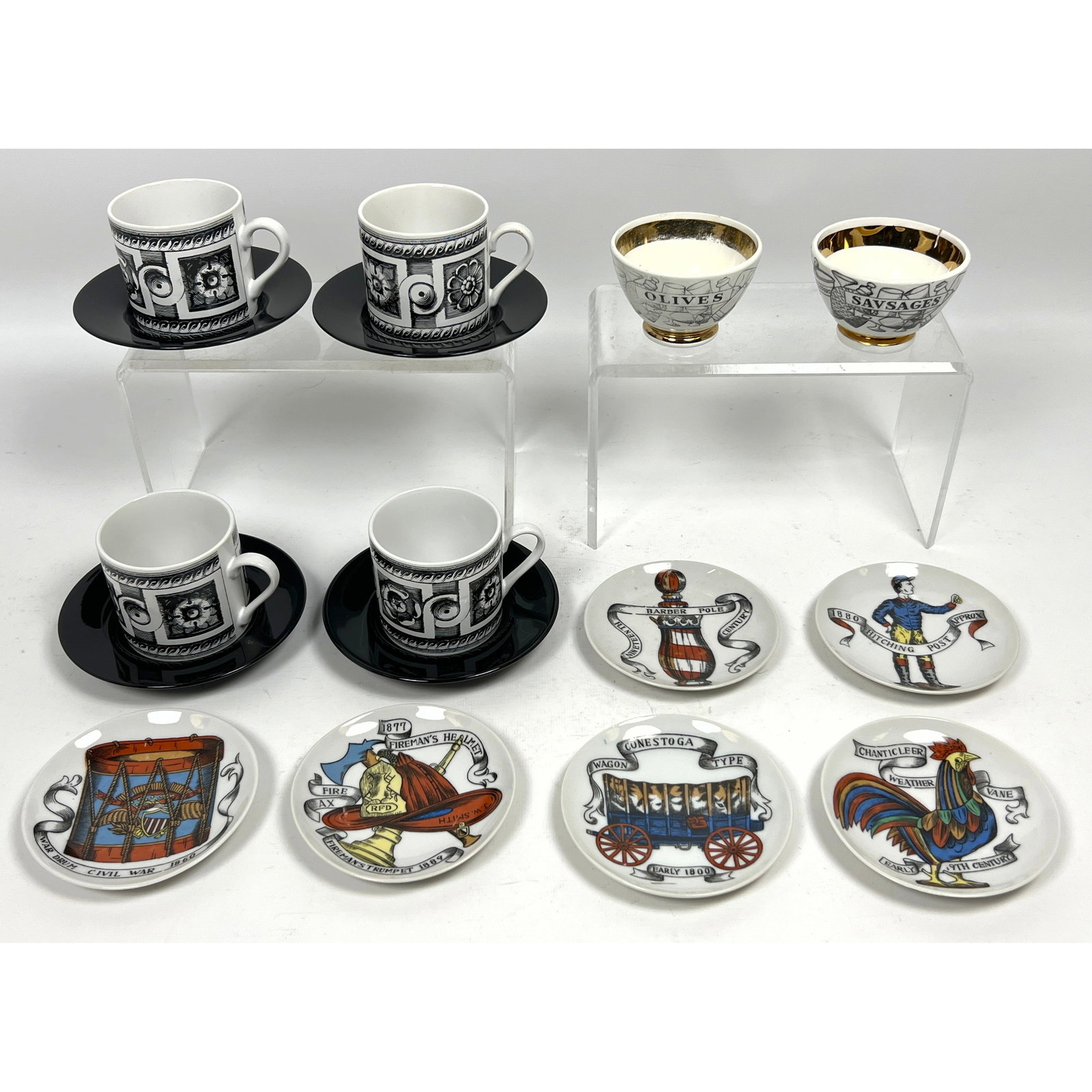 Fornasetti and Fornasetti Style Porcelains. Pair of Fornasetti Milano porcelain footed bowls featuri (1 of 13)