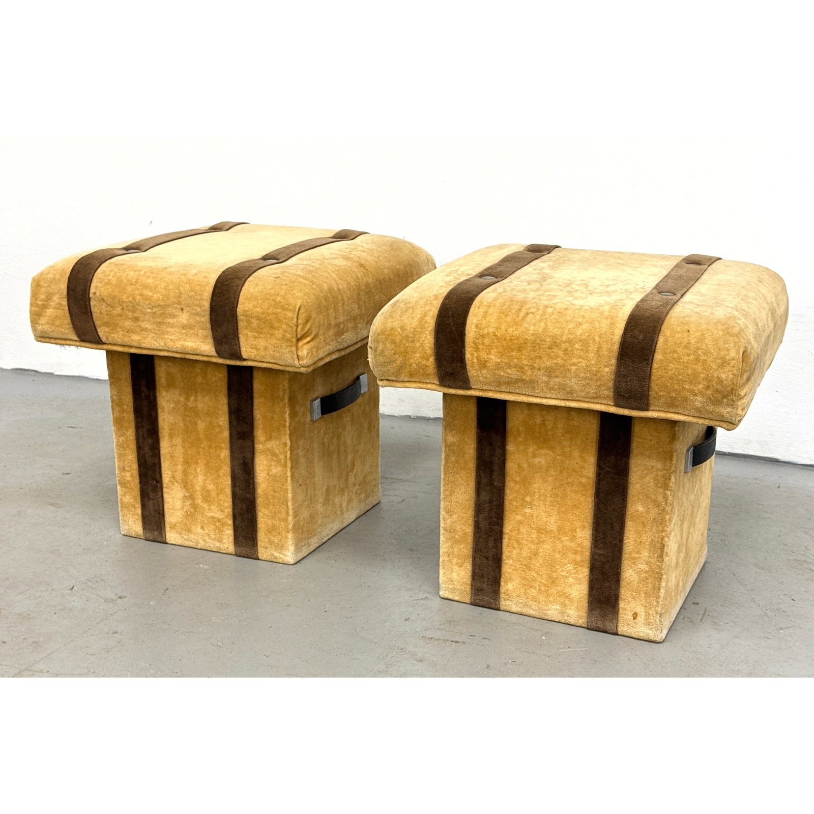 Pair of 1970s Safari Style Storage Ottomans Mustard Yellow and Brown Velvet Upholstery (1 of 12)