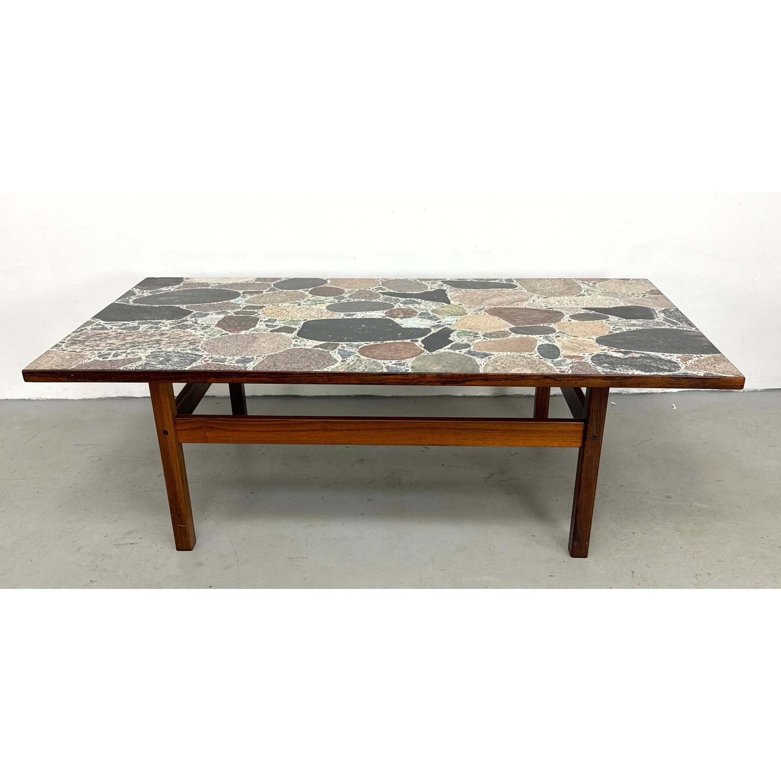 Mid-Century Modern Erling Viksjo attributed Conglo Design Norway coffee table with Palladiana mosaic: Mid-Century Modern Erling Viksjo attributed Conglo Design Norway coffee table with Palladiana mosaic stone top. Rosewood frame. Dimensions: Height: 20 inches, Width: 59 inches, Depth: 29.5 inches. ---
