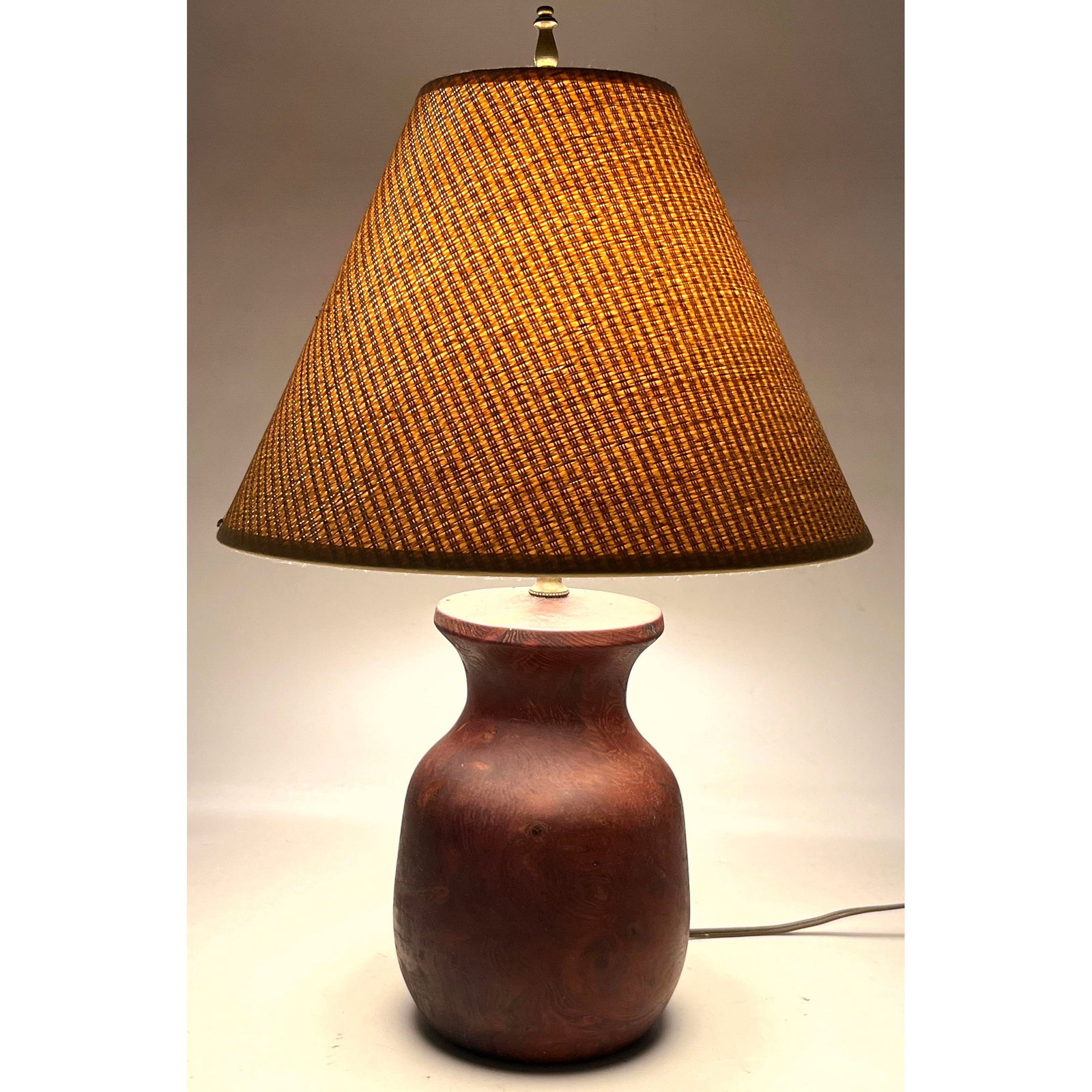 Mid Century Modern Turned Burl Wood Table Lamp with Woven Natural Fiber Shade. Unsigned. (1 of 11)