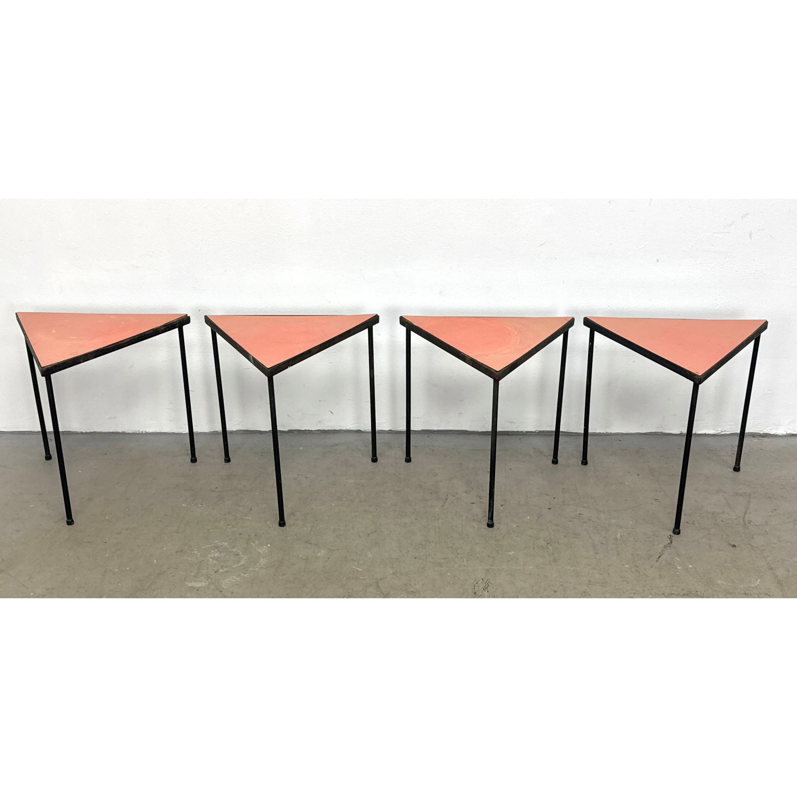 4pc Frederick Weinberg mid-century modern side tables with coral laminate tops and black steel frame (1 of 16)