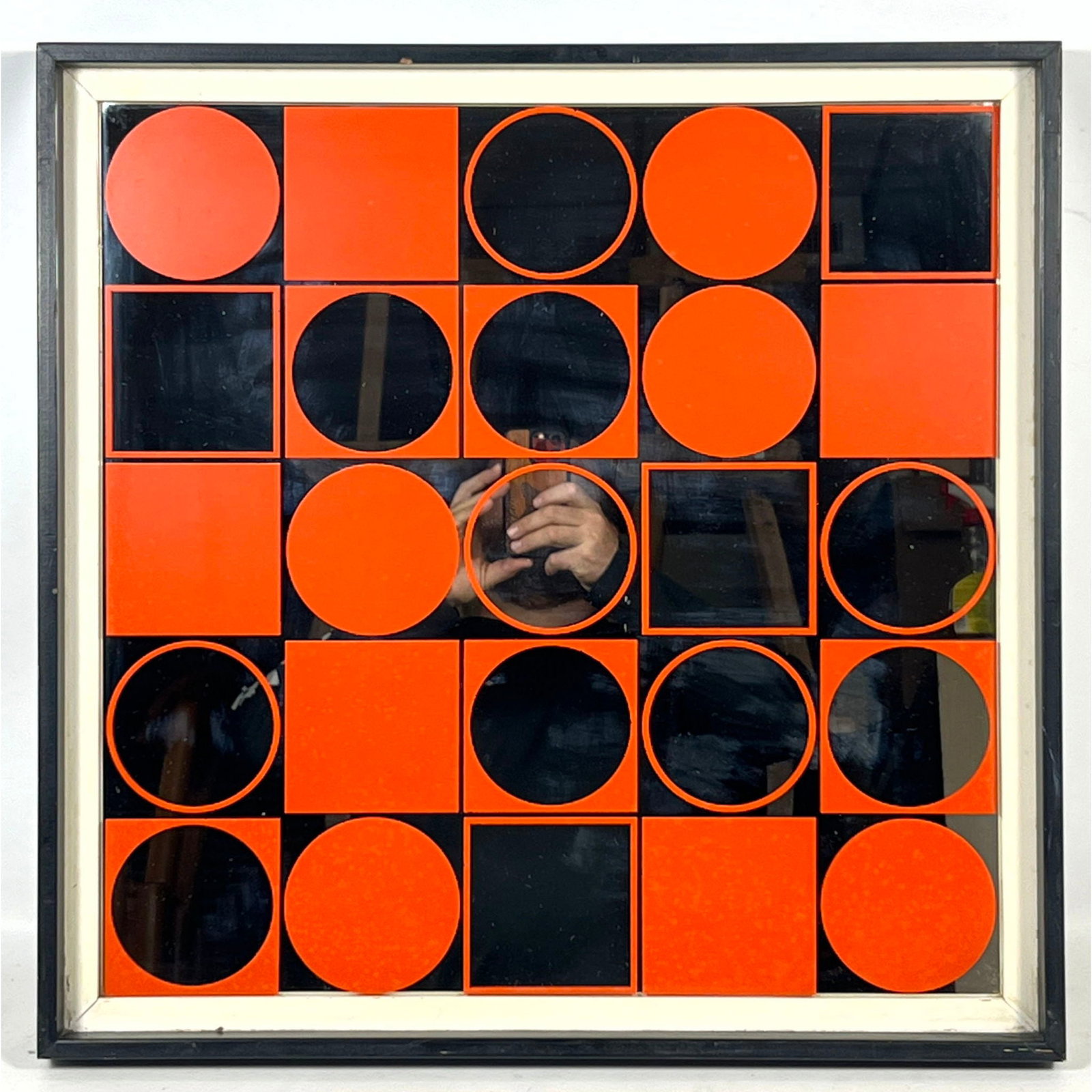 Geometric Silkscreen on Mirror 5x5 Dark Orange Grid Pattern, checker look. Unsigned (1 of 9)