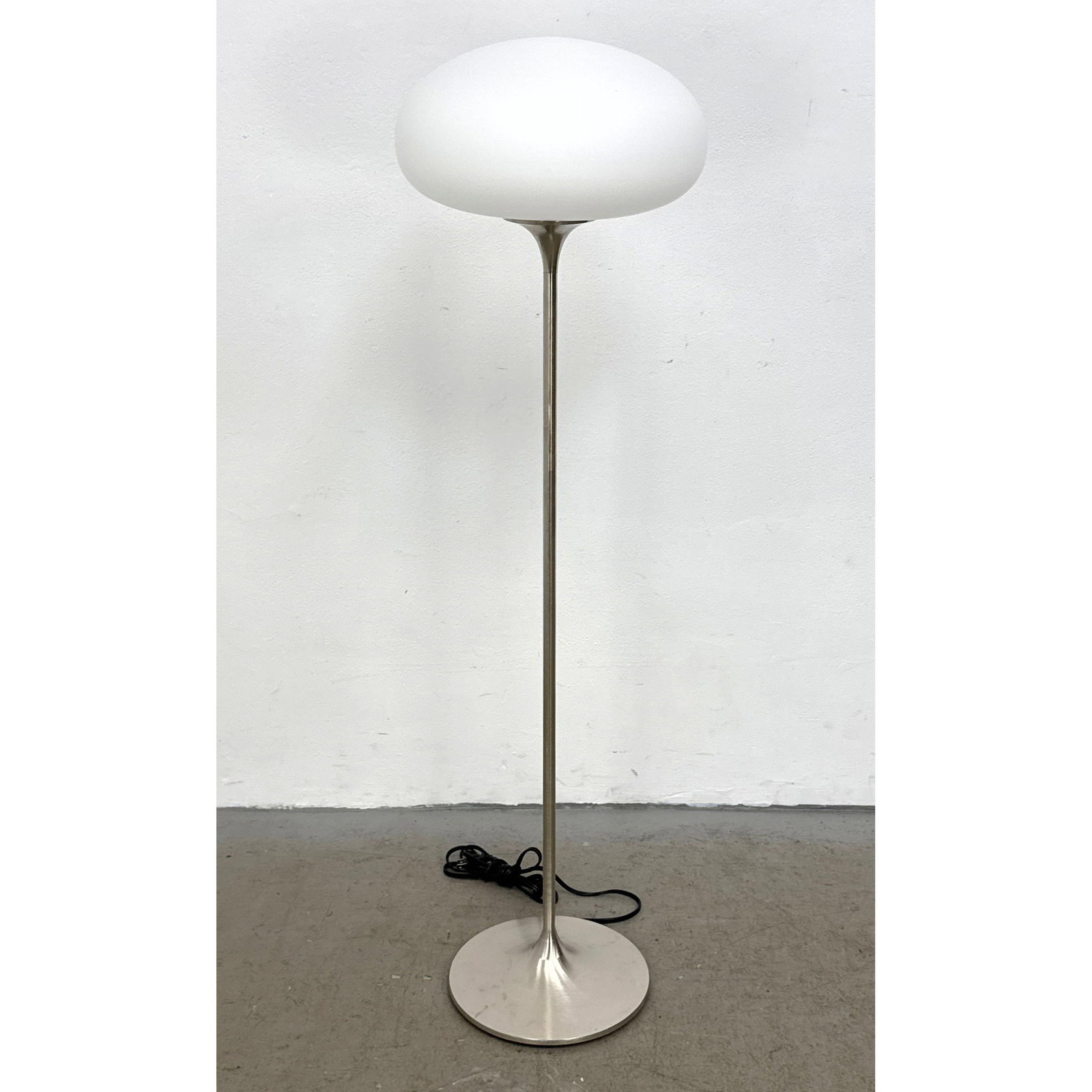 DESIGNLINE Brushed Metal Base Glass Mushroom Shade Floor Lamp. Paper Label. StemLite. Contemporary. (1 of 8)