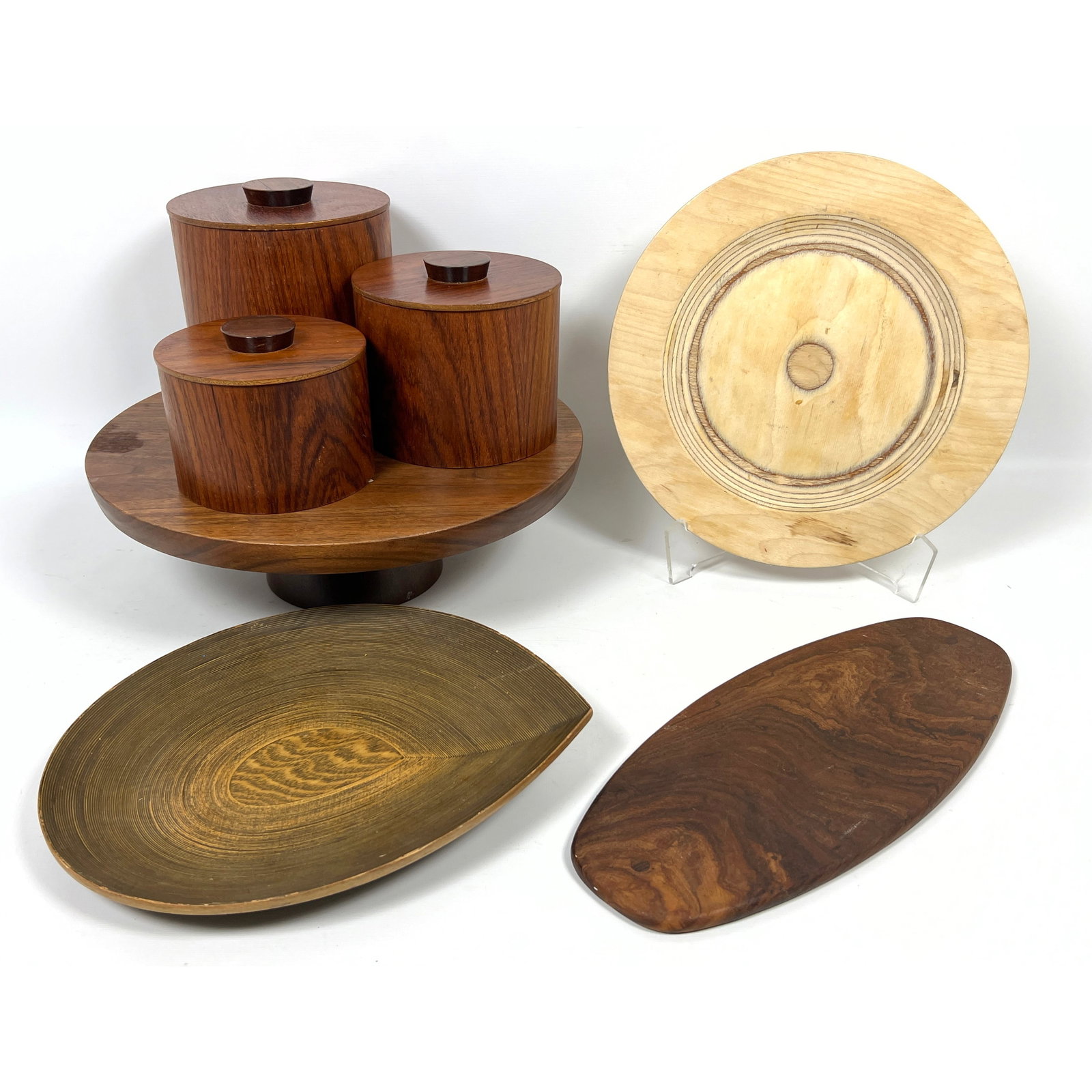 Mid Century Modern Wood Lot. Vintage Saarinen Finland Plywood Platter, Rosewood Canister Set with pl (1 of 19)