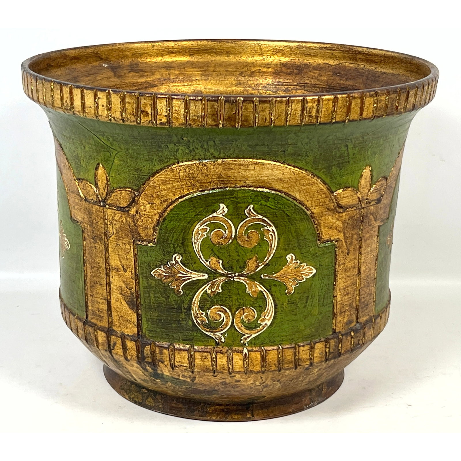Large Italian Style Gilded and Green Painted Pottery Cachepot Marked Strawbridge and Clothier (1 of 11)
