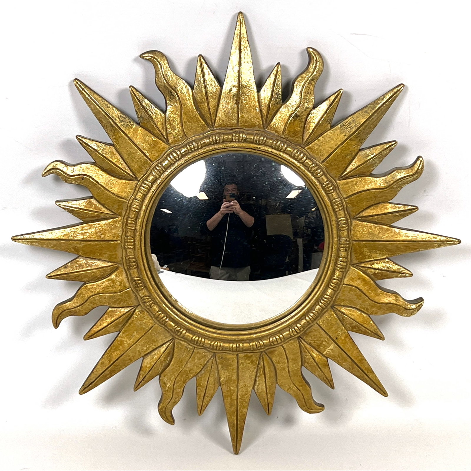 Hollywood Regency Style Gilded Sunburst Wall Mirror with Convex Glass Center. (1 of 7)