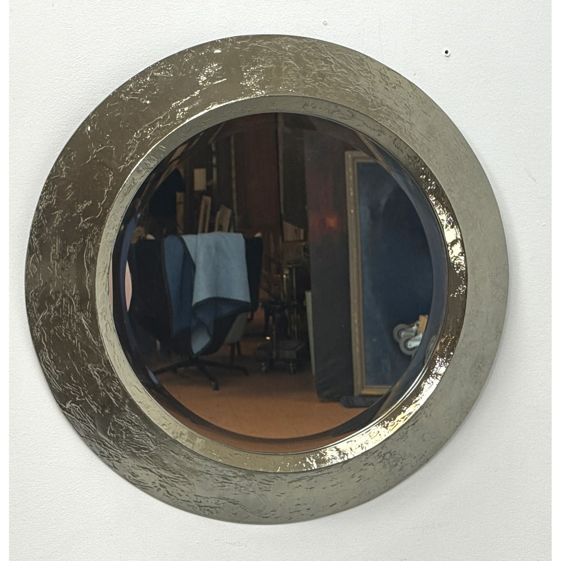 Round Brutalist Style Textured Metallic Wall Mirror. Beveled glass. Unsigned. (1 of 7)