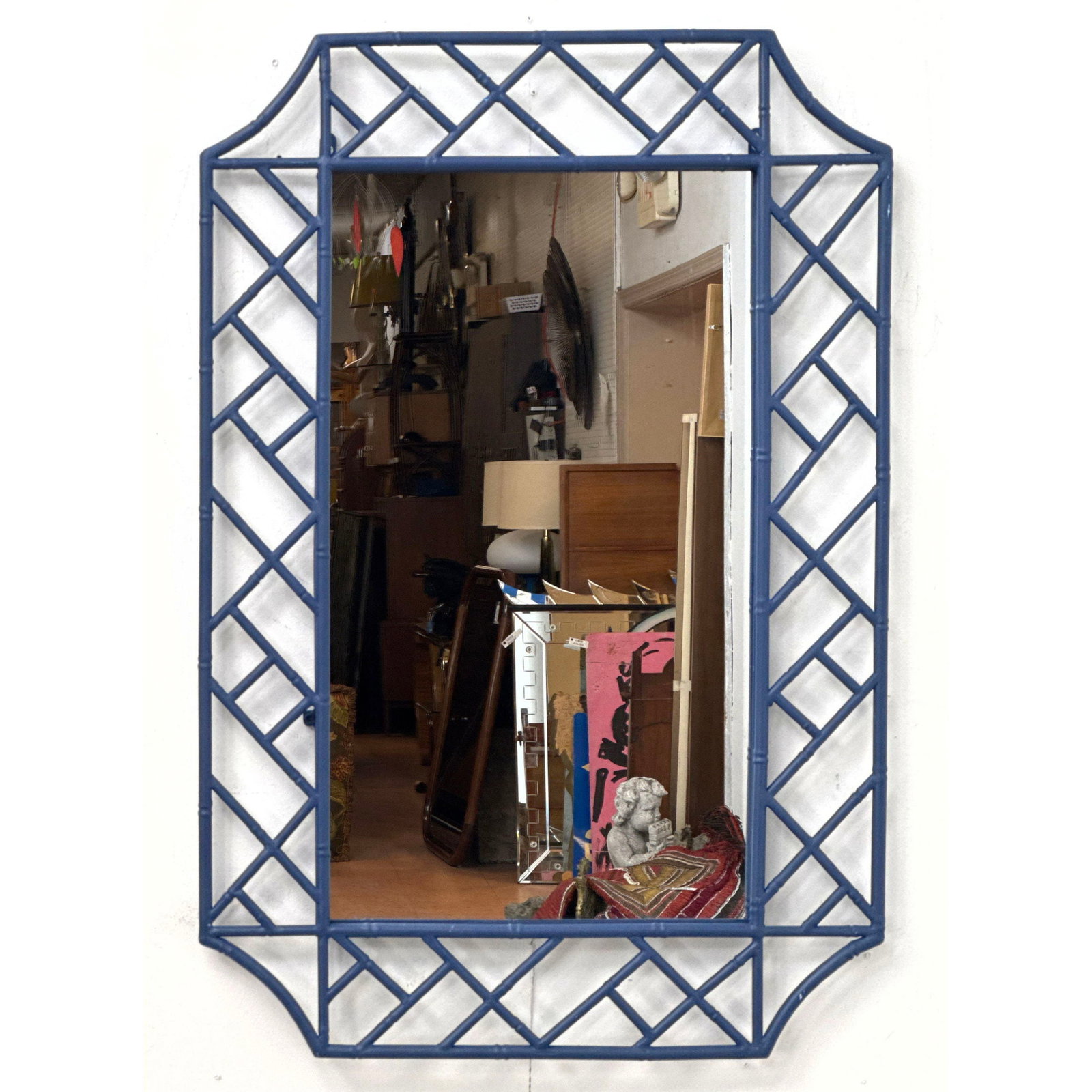 Navy Blue Painted Metal Faux Bamboo Pagoda Wall Mirror. Attributed to Ballard Designs Lily Mirror st (1 of 9)
