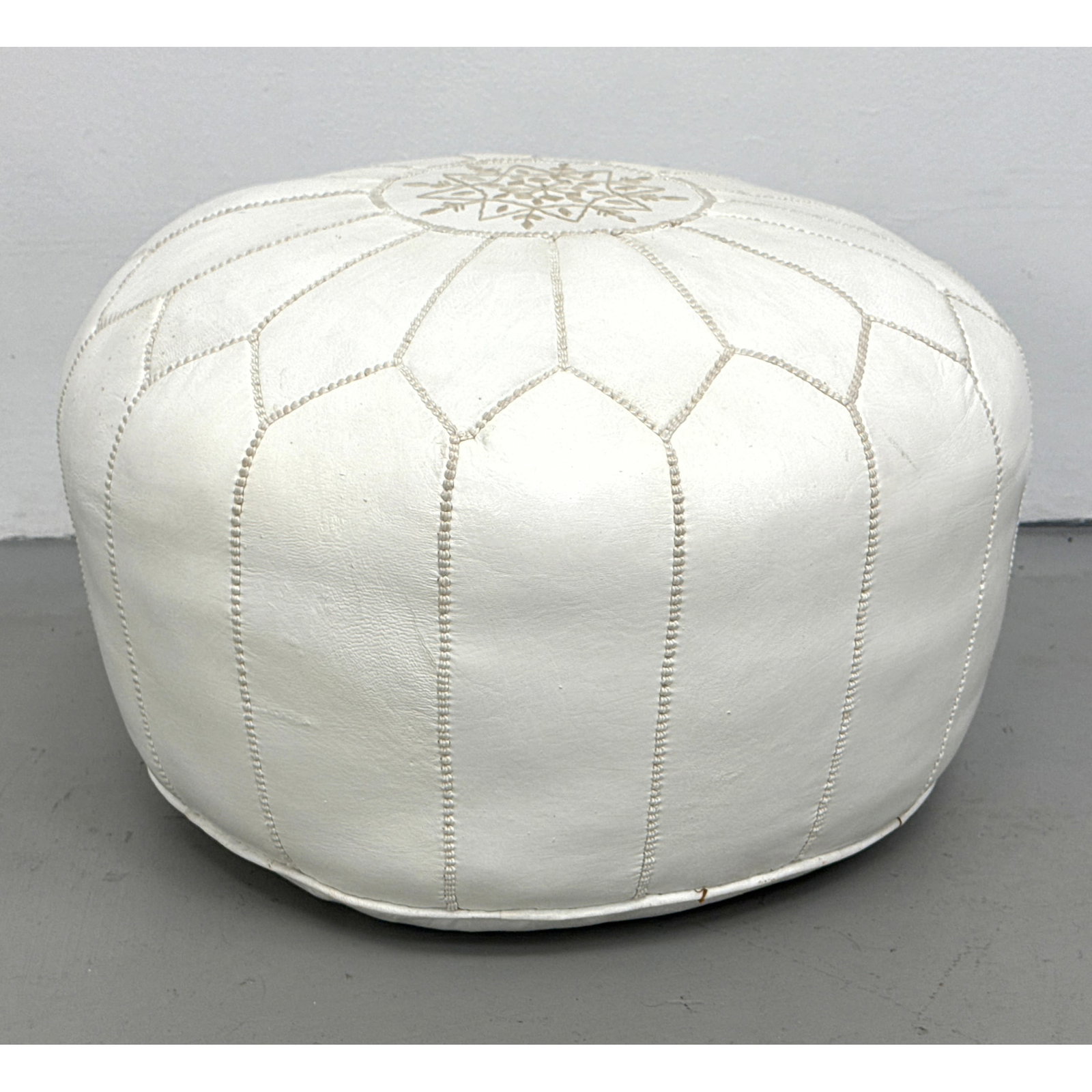 Moroccan Hand-Stitched Leather Pouf Ottoman. Unmarked. (1 of 8)