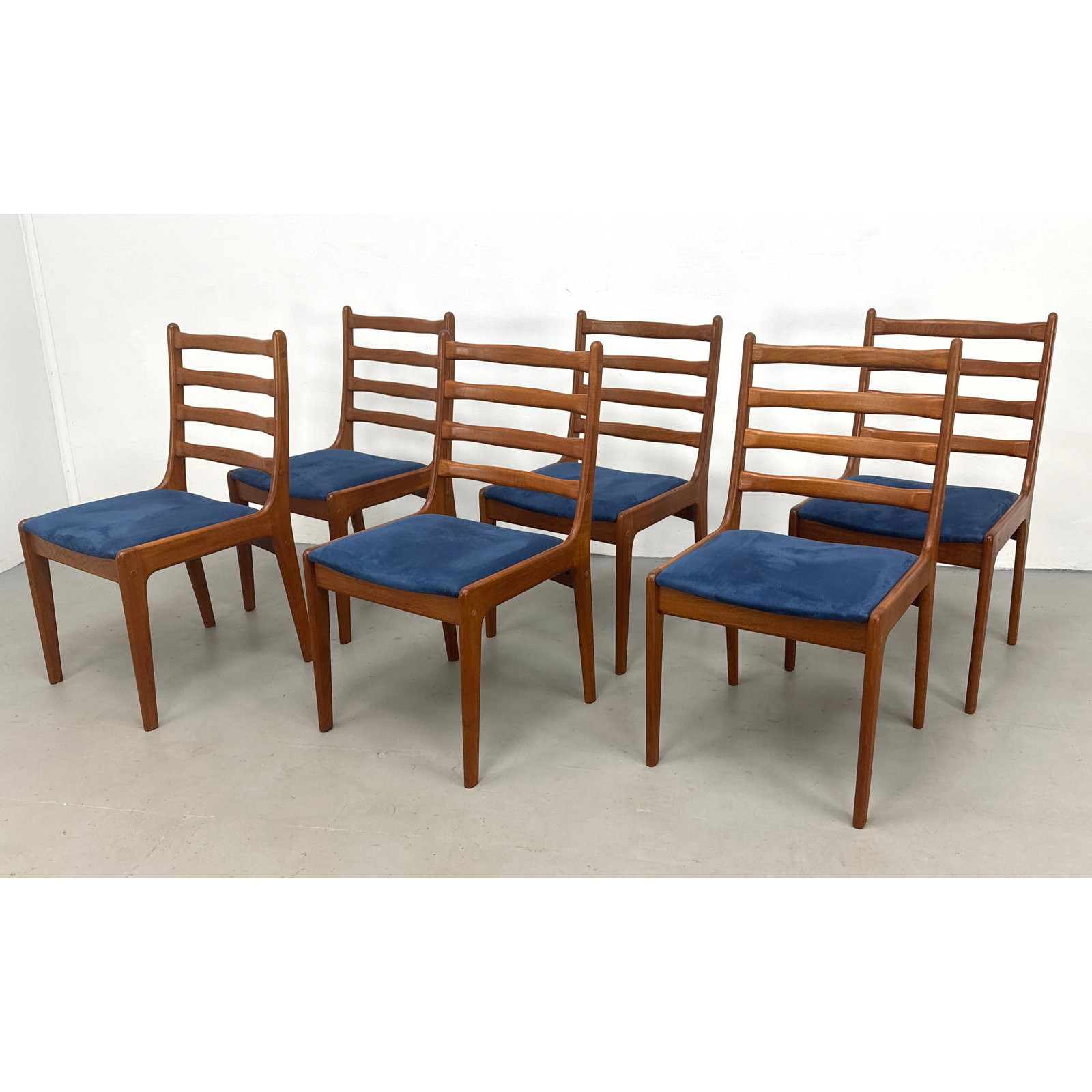 6 Danish Modern Ladder Back Teak Dining Chairs with Blue Suedette Upholstered Seats Denmark (1 of 15)