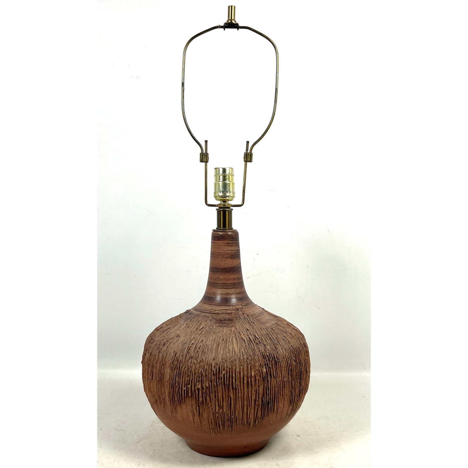 Design Technics Style Table Lamp. Mid-Century Modern Brutalist Style Textured Stoneware Ceramic Tabl: Design Technics Style Table Lamp. Mid-Century Modern Brutalist Style Textured Stoneware Ceramic Table Lamp. Unmarked. Dimensions: Height: 28.5 inches, Width: 11 inches, Depth: 11 inches. --- US Packin