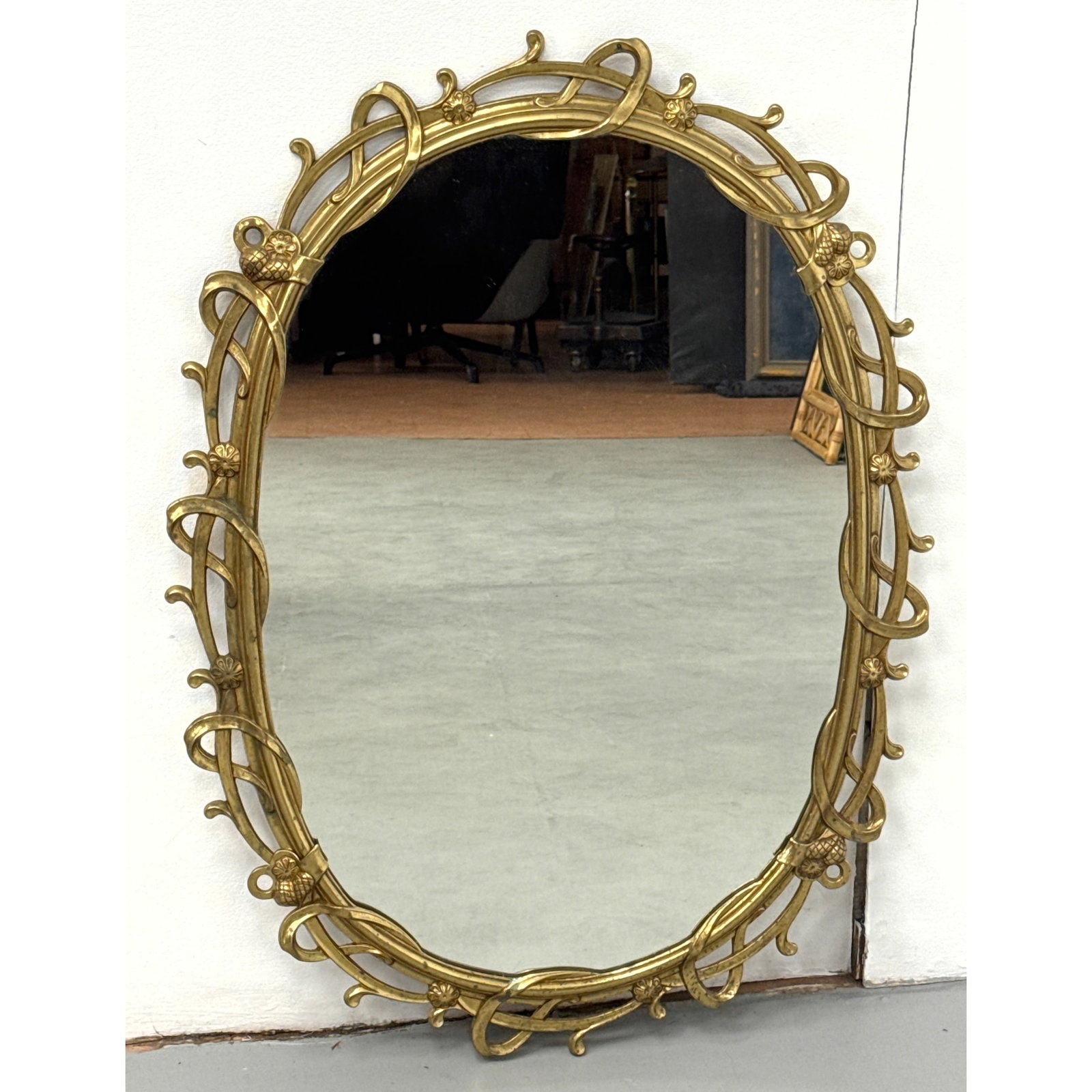 Art Nouveau Style Gilded Cast Metal Oval Wall Mirror. Unsigned. (1 of 7)