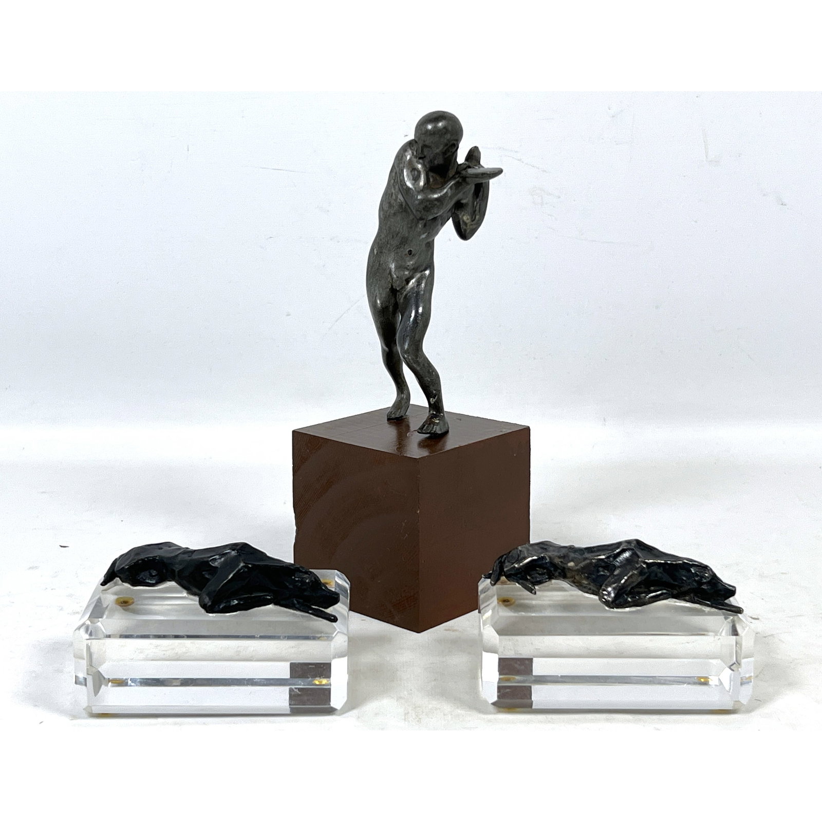 3pc lot Modernist Metal Sculptures including Male Figure on Wood Base and Pair of Reclining Dogs Acr (1 of 11)