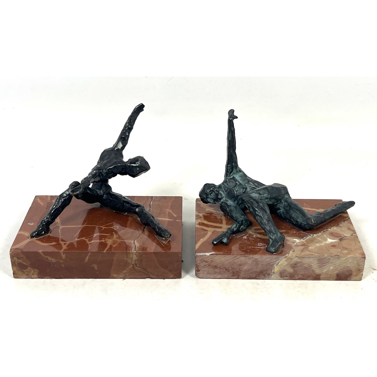 Pair of Modernist Abstract Cast Bronze Figure Sculptures on Rosso Collemandino Marble Bases Unsigned (1 of 11)