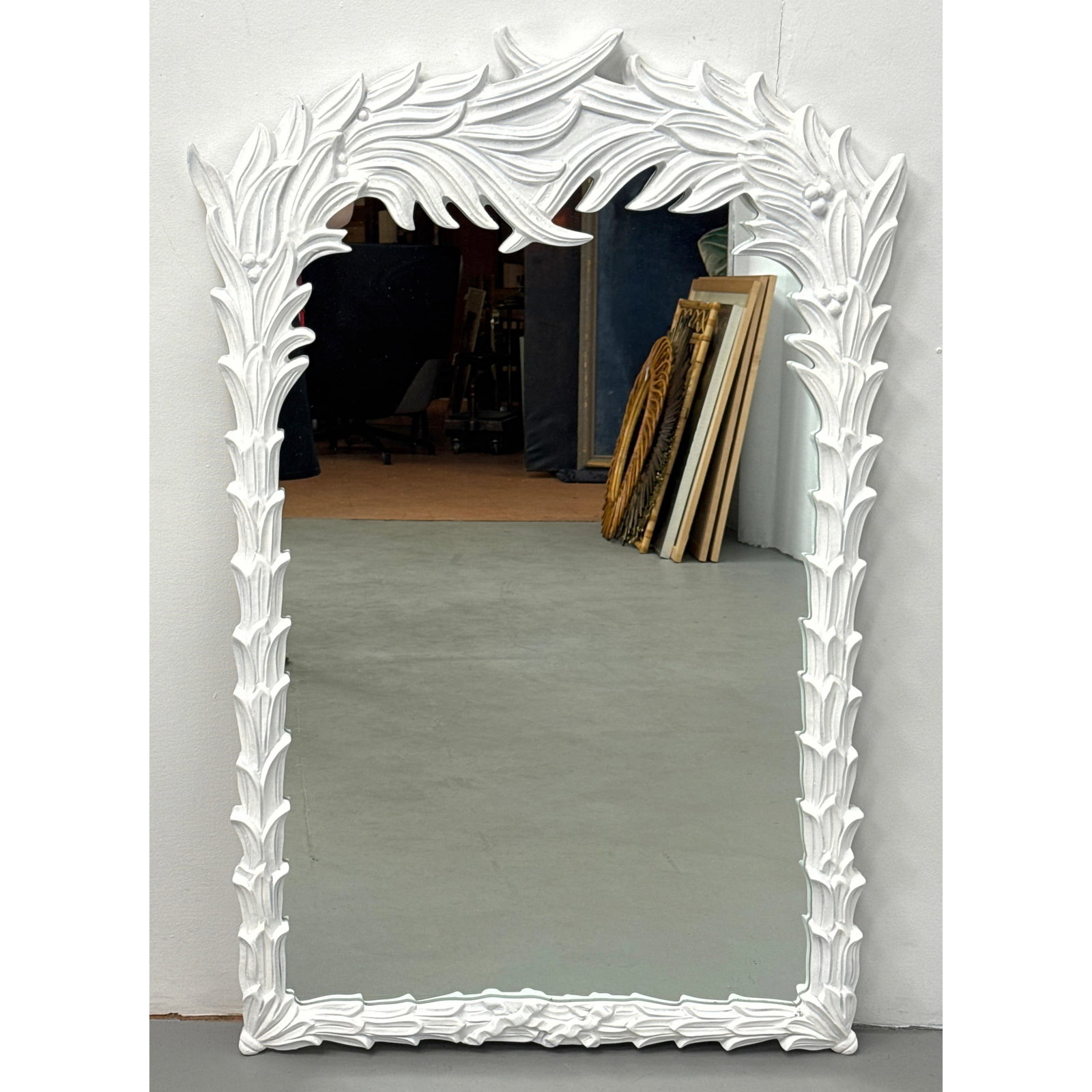 Serge Roche Style White Palm Frond Wall Mirror. Unsigned.: Serge Roche Style White Palm Frond Wall Mirror. Unsigned. Dimensions: Height: 49 inches, Width: 32 inches. ---