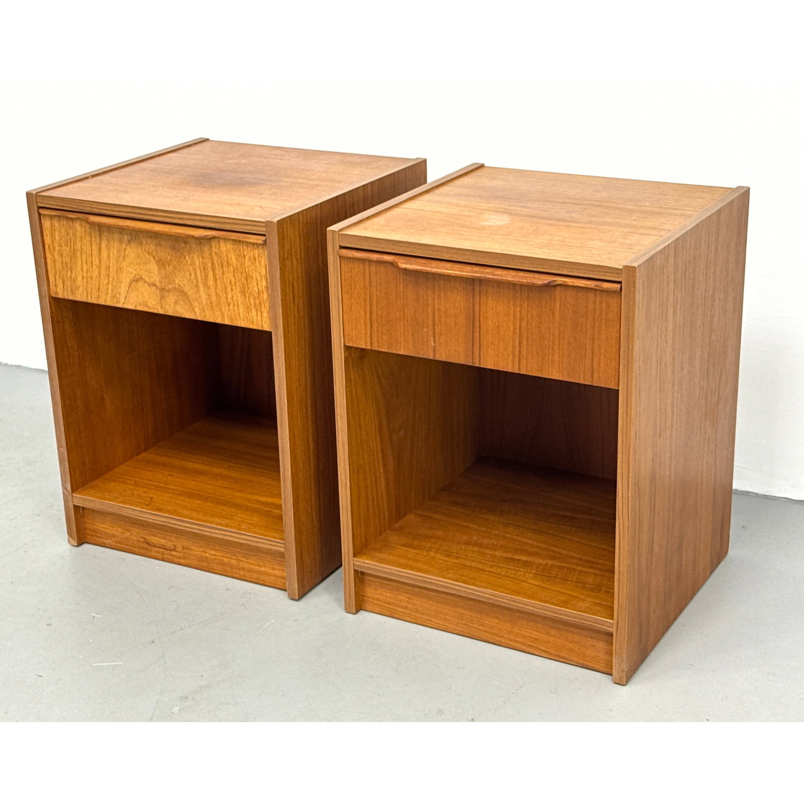 Pair Danish Modern Teak Nightstand Side Tables. Steens: Pair Danish Modern Teak Nightstand Side Tables. Steens Dimensions: Height: 21 inches, Width: 15.75 inches, Depth: 16.5 inches. ---