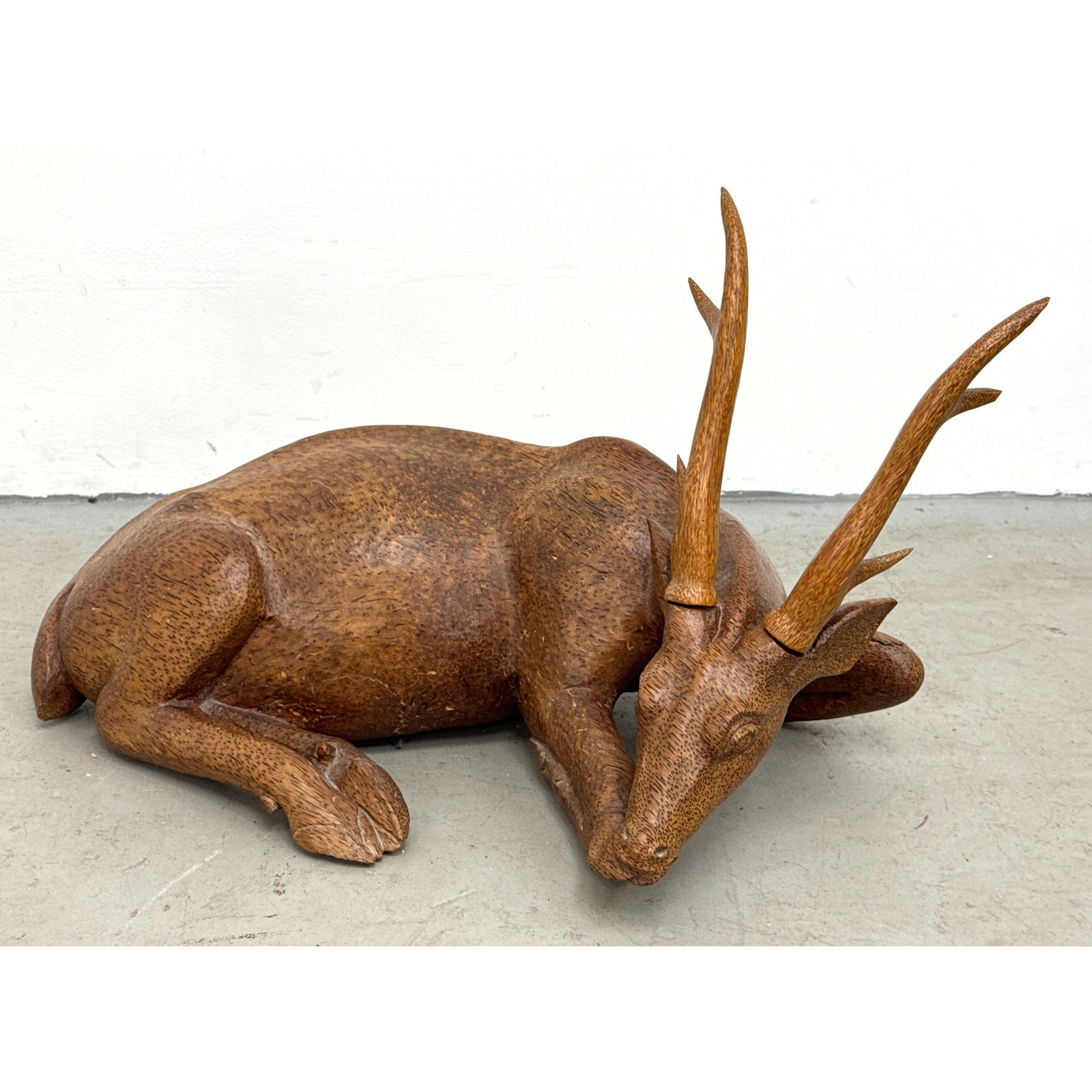 Large Scale Carved Coconut Palm Wood Sculpture of a Reclining Stag with Detachable Antlers (1 of 13)