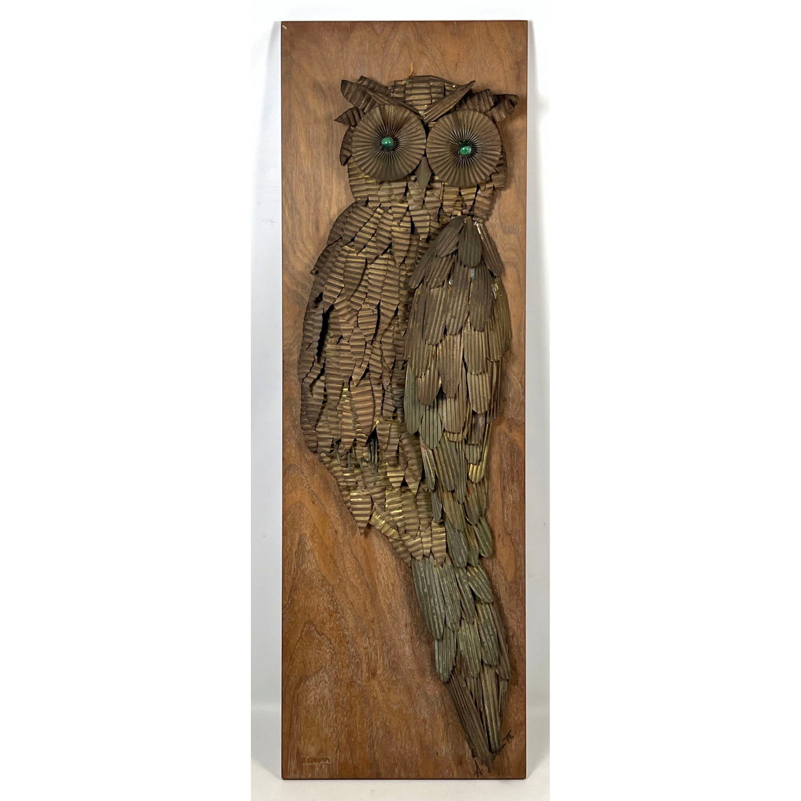 Signed A. Johnson 76 Signed Townsend Brutalist Mixed Media Owl Wall Sculpture on Wood Panel. Metal a (1 of 9)