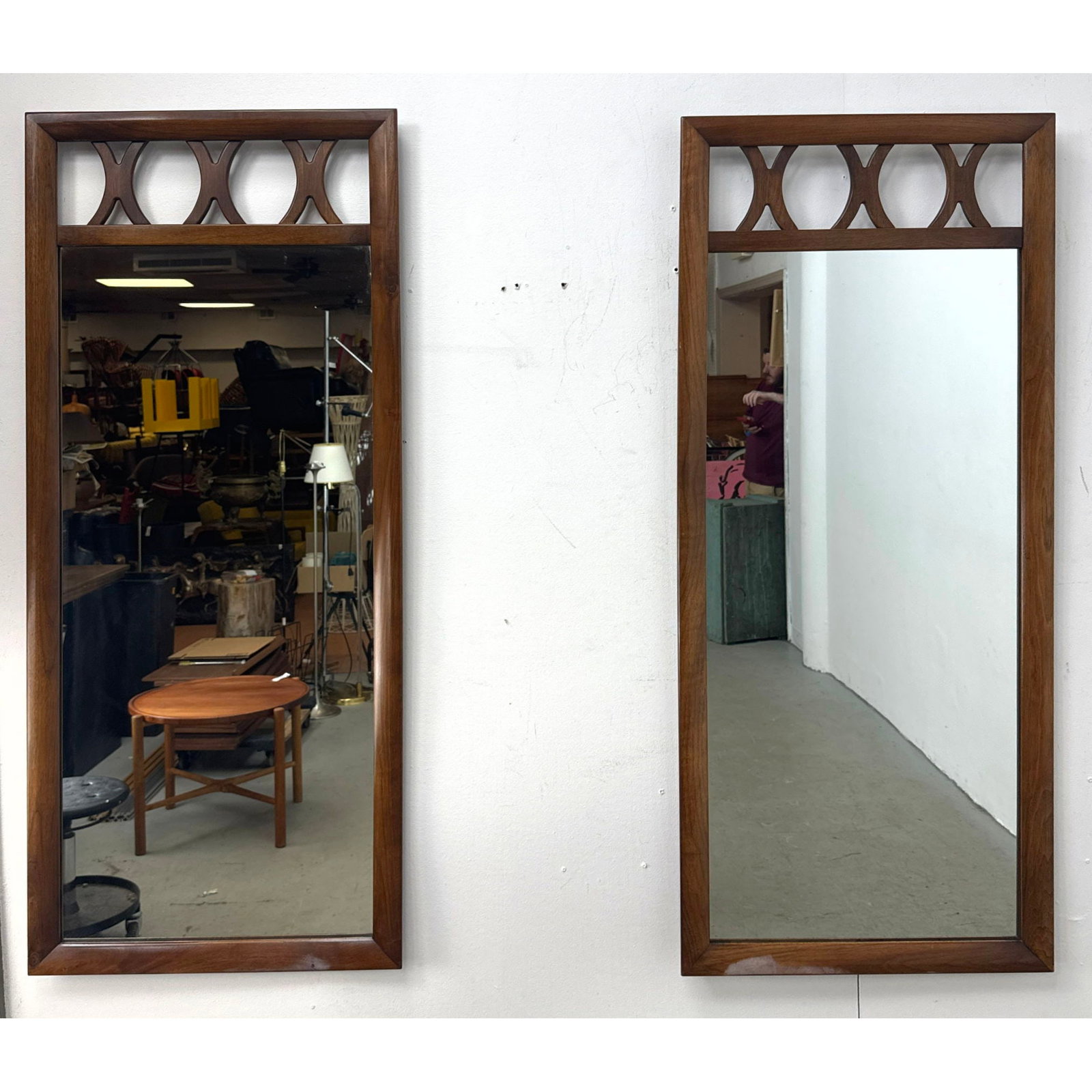 Pair of American Mid Century Modern Walnut Wall Mirrors with Triple X Decorative Fretwork Headers (1 of 14)