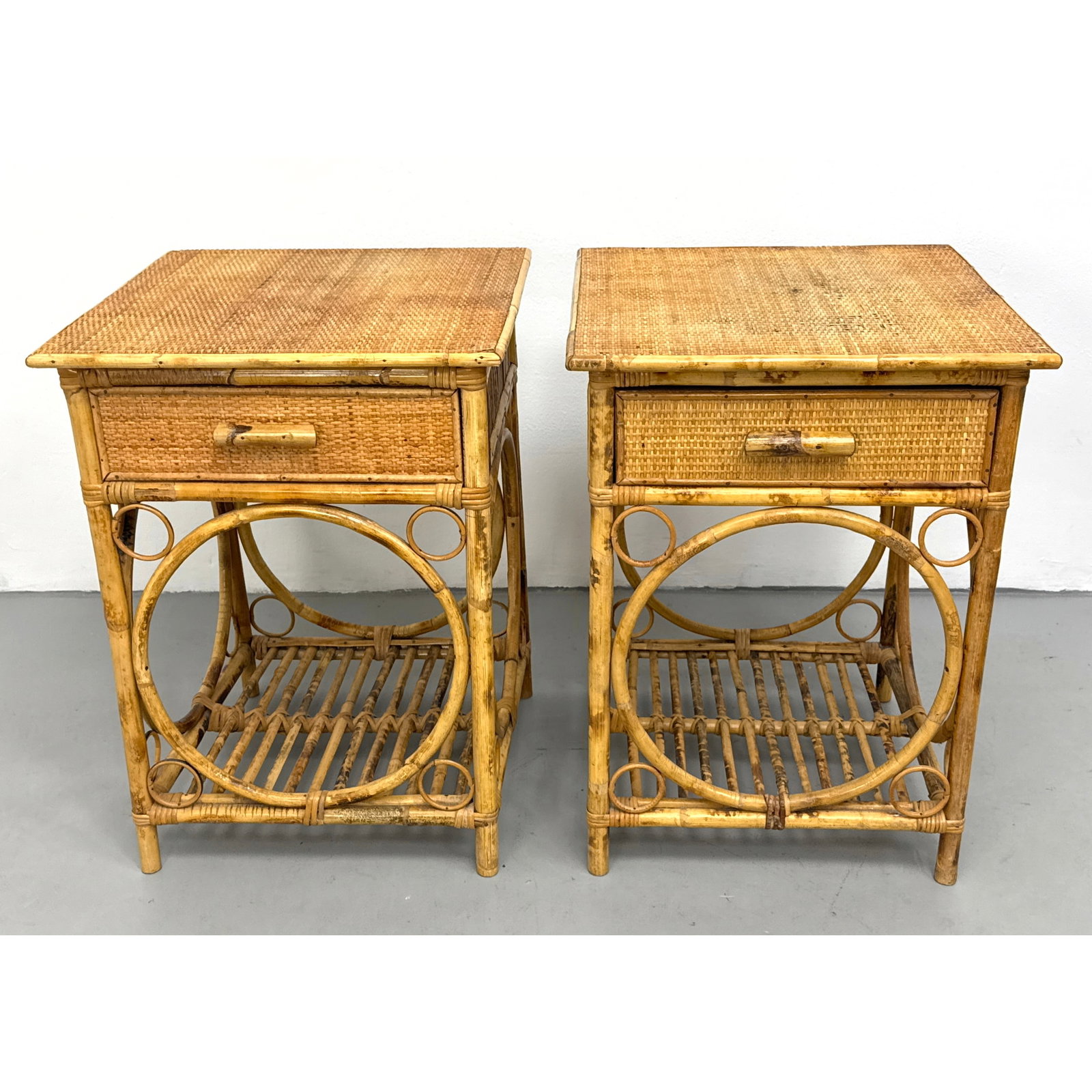 Pair of Bamboo and Rattan Side Tables with Single Drawers. Miami Modern. Unsigned. (1 of 18)