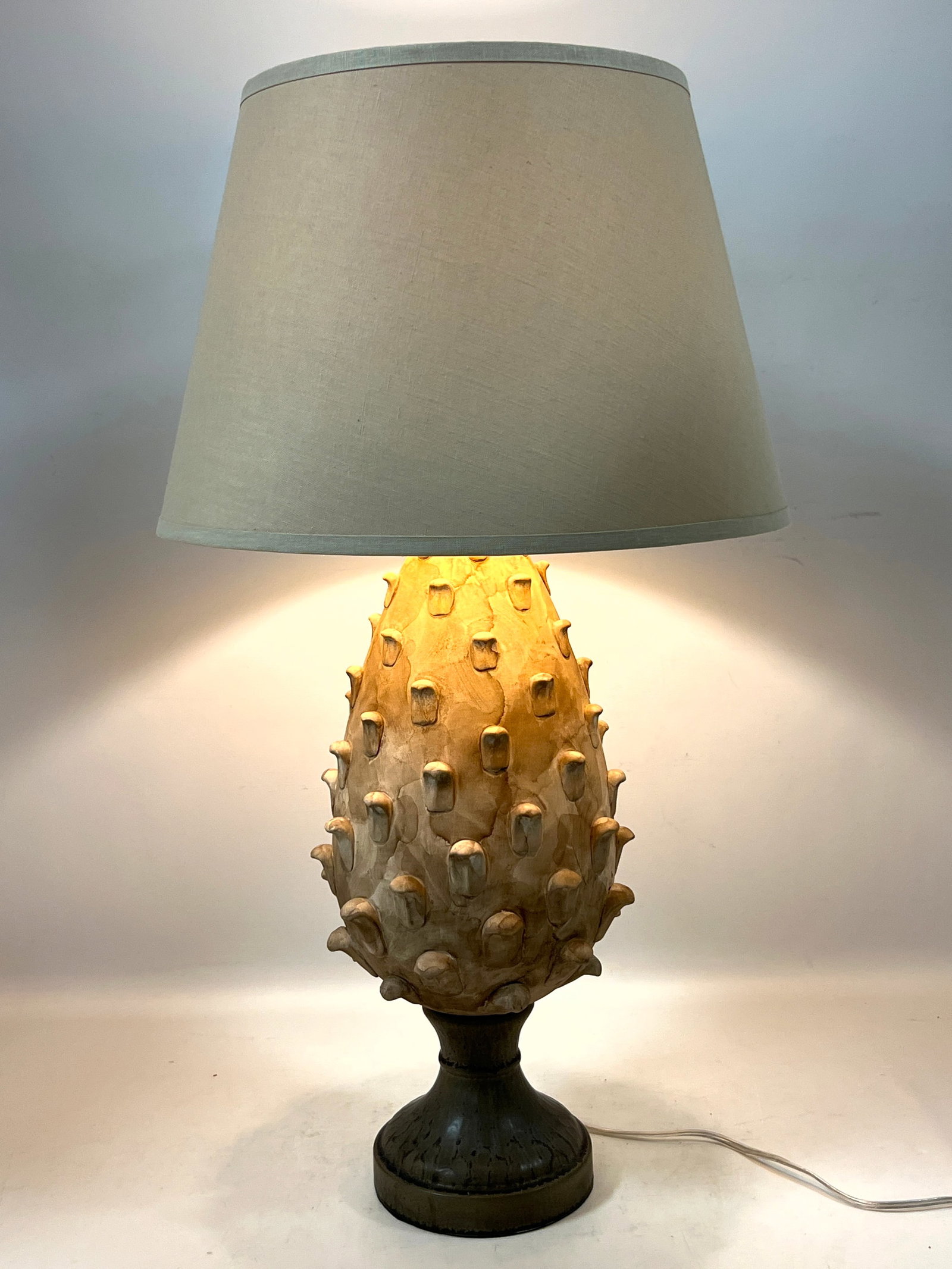 Restoration Hardware Pottery Artichoke Table Lamp with Beige Linen Shade and Mottled Pedestal Base (1 of 12)