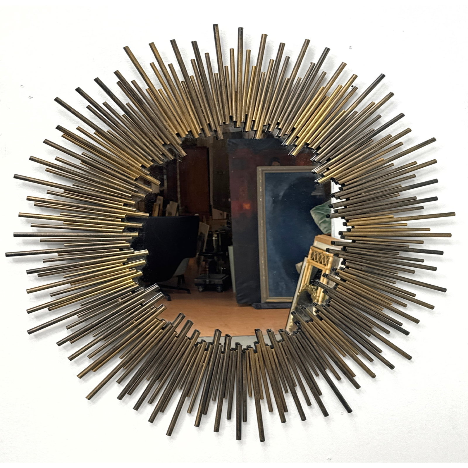 Large Brutalist Style Sunburst Wall Mirror. Antiqued Brass Finish. (1 of 10)