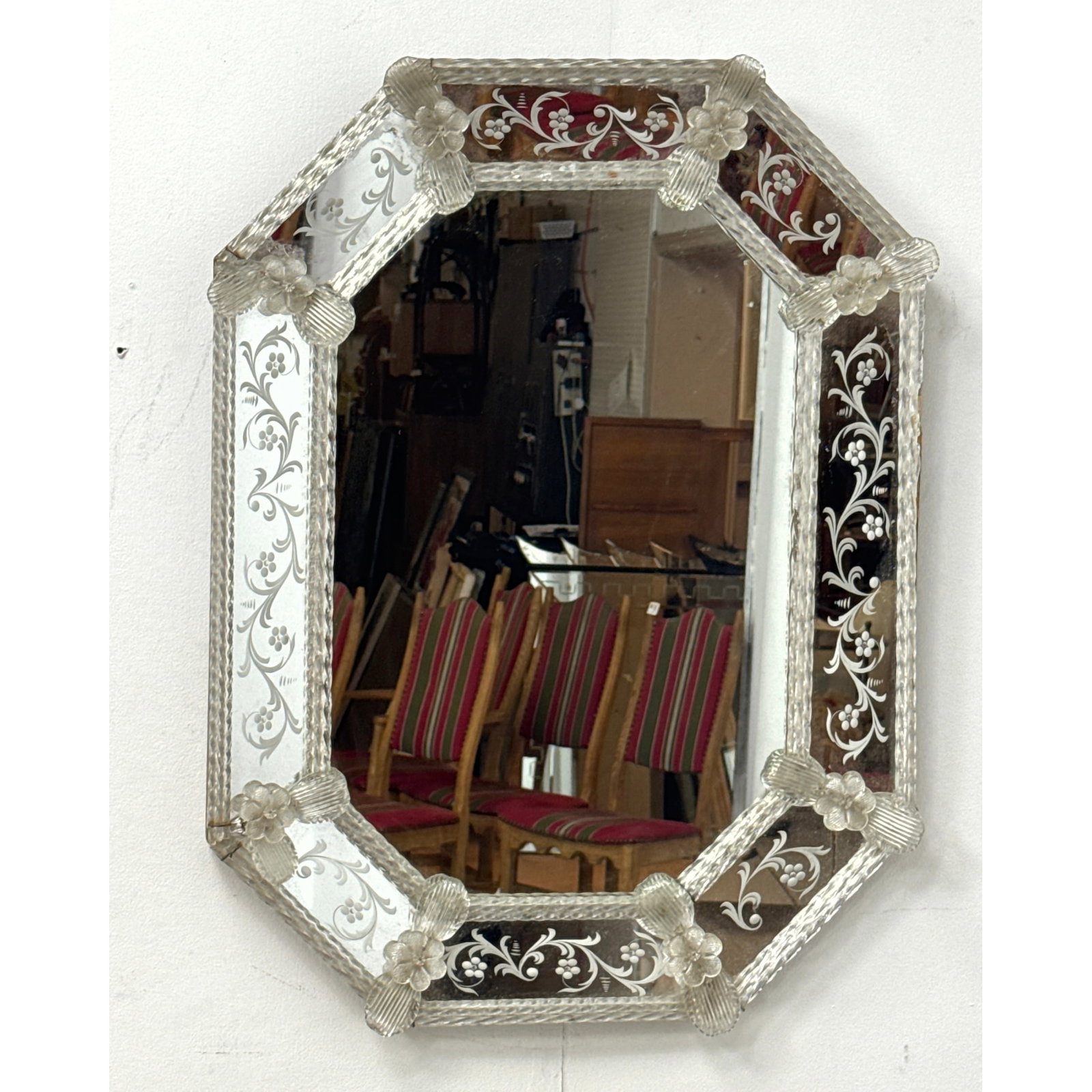 Octagonal Venetian Murano Etched Glass Wall Mirror. Floral accents. (1 of 11)