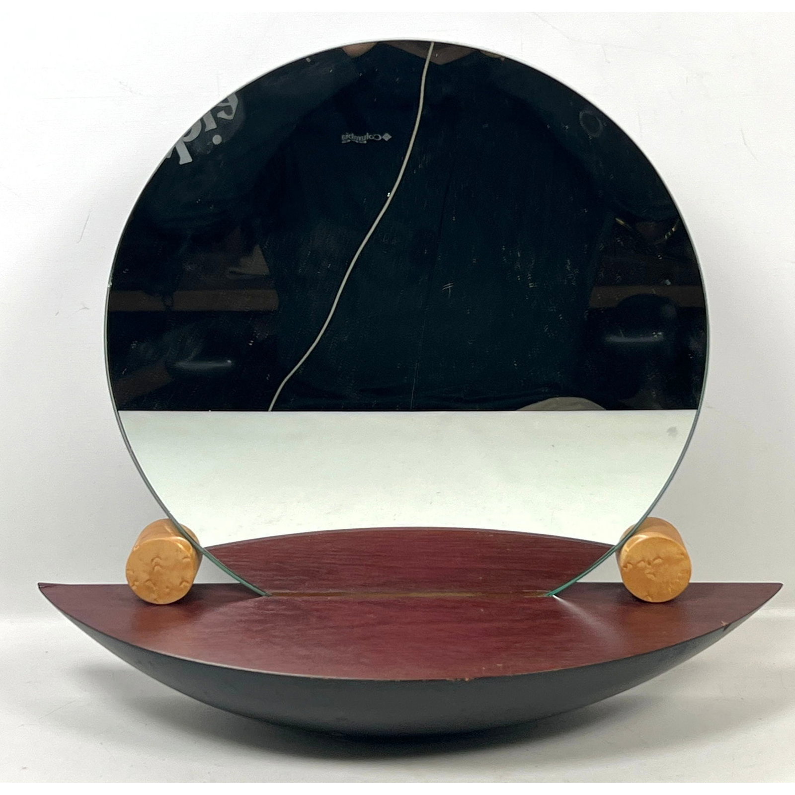 Postmodern Artisan Geometric Round Wall Mirror with Wood Veneer Crescent Shelf and Cylindrical Accen (1 of 8)