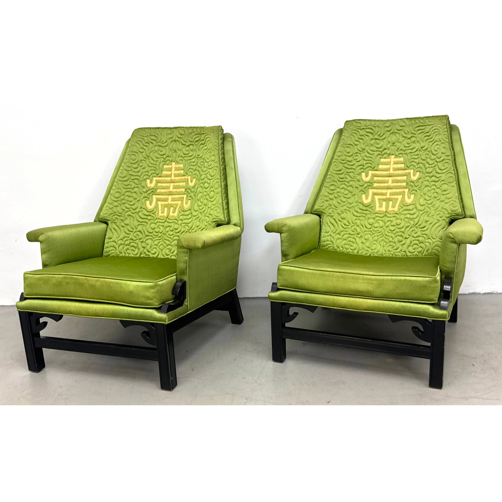 Pair Harris of California Attributed Chinoiserie Lounge Chairs. James Mont Style with Embroidered Sh (1 of 14)