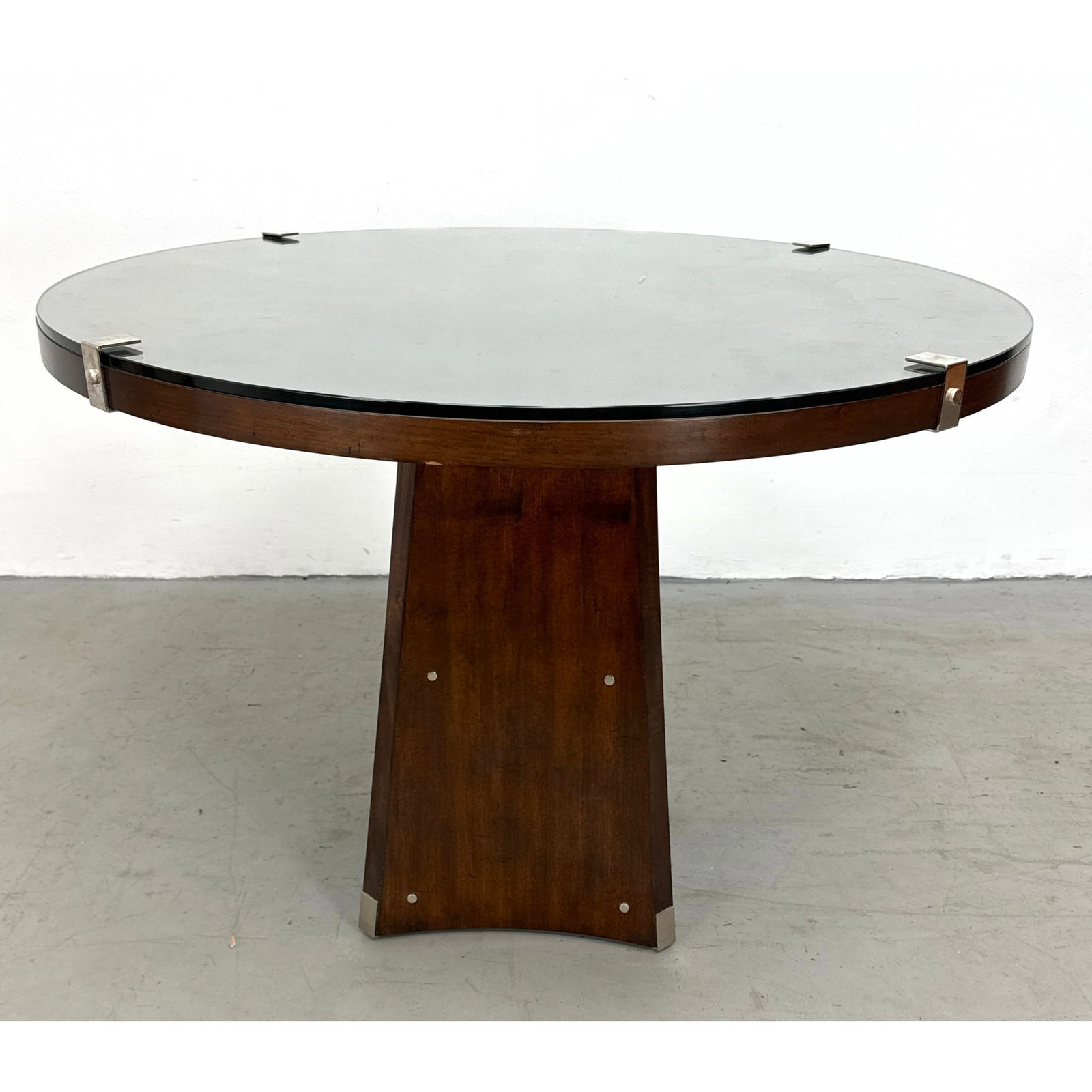 Barbara Barry for Henredon Modern Ascot Pedestal Dining Table with Glass Top and Sunburst Veneer (1 of 9)