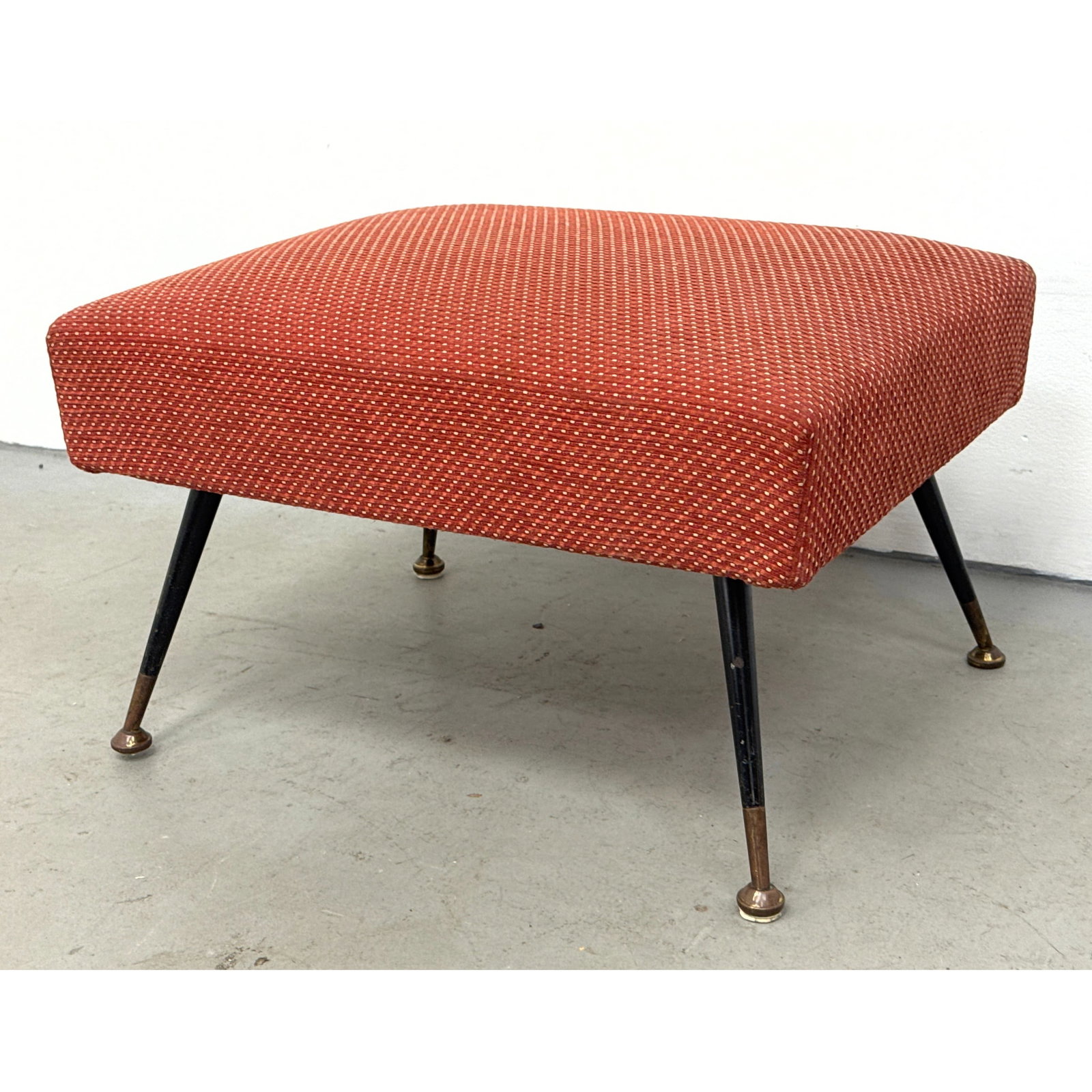 1950s Italian Modern Ottoman Footstool. Metal Legs.: 1950s Italian Modern Ottoman Footstool. Metal Legs. Dimensions: Height: 13.5 inches, Width: 23 inches, Depth: 18 inches. ---