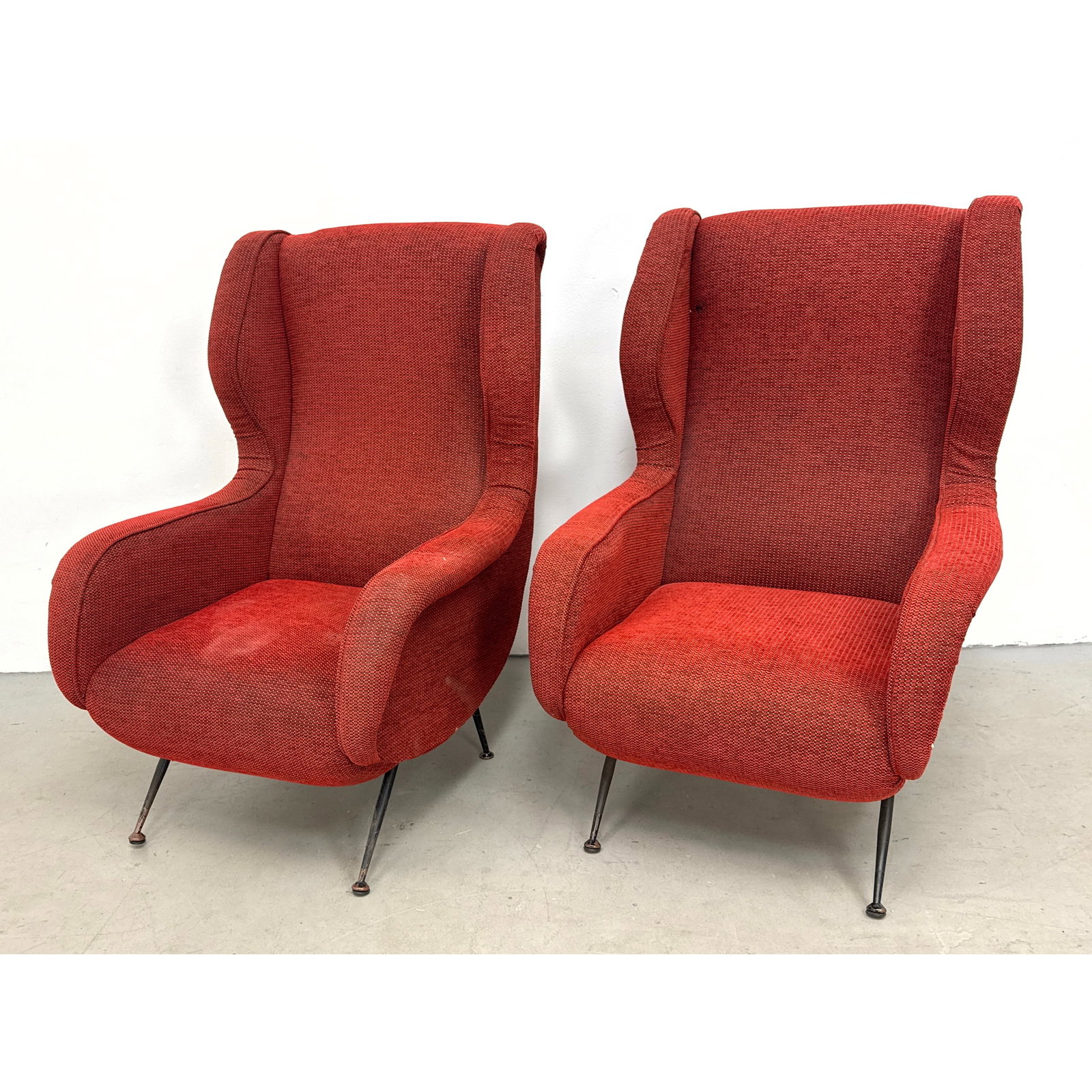 Pair Marco Zanuso Style Lounge Chairs. 1960's Italian Modern. Mid-Century Modern Wing back Armchairs: Pair Marco Zanuso Style Lounge Chairs. 1960's Italian Modern. Mid-Century Modern Wing back Armchairs Dimensions: Height: 42 inches, Width: 30 inches, Depth: 34 inches. - Seat Height: 14 inches ---