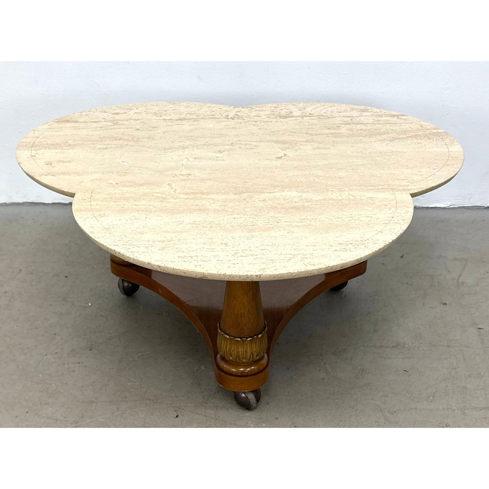 Travertine Trefoil Coffee Table with Carved Wood Tripod Base and Ball Casters. Attributed to Maurice (1 of 12)