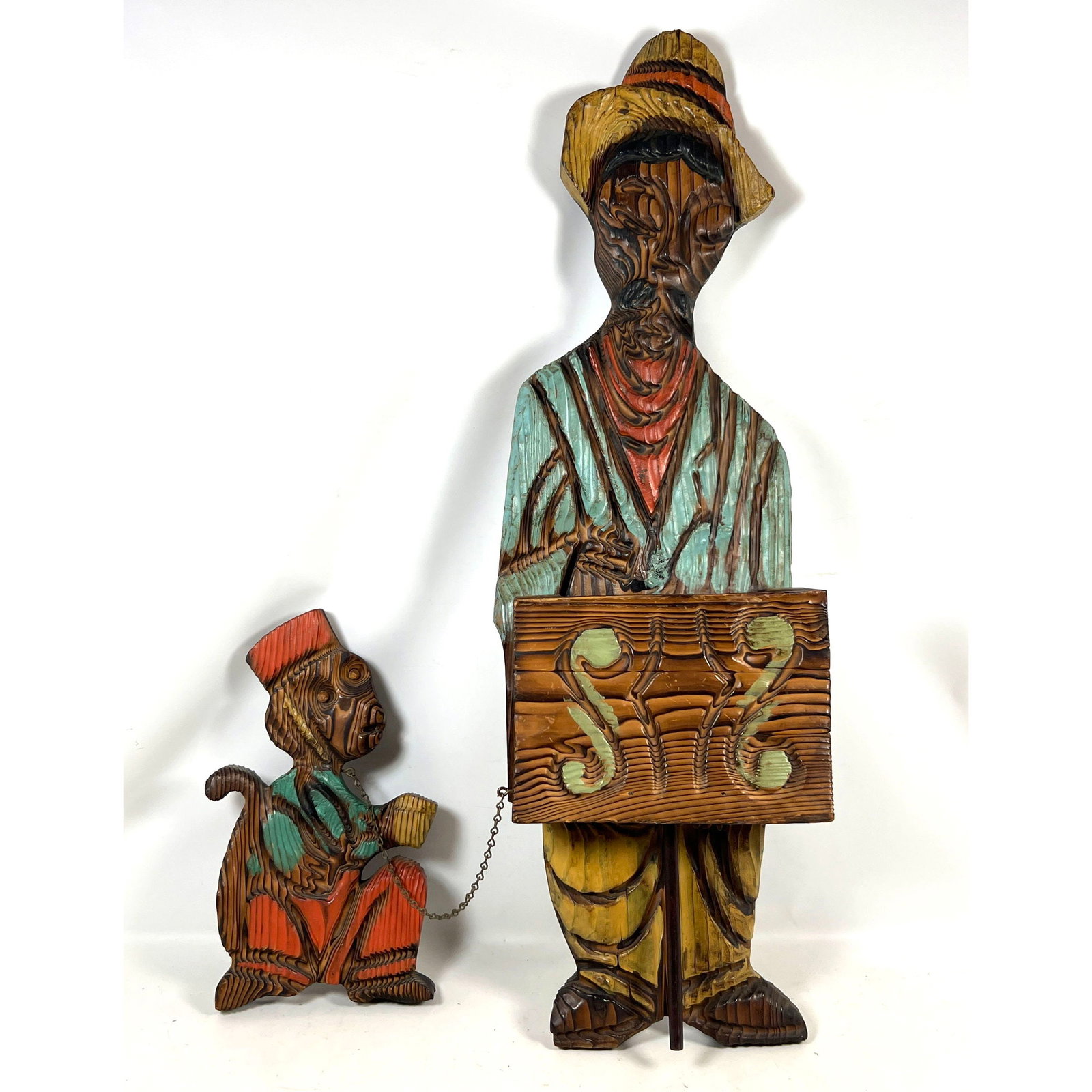Witco Hacienda Organ Grinder 2pc polychrome wood wall hanging sculpture depicting an organ grinder a (1 of 11)