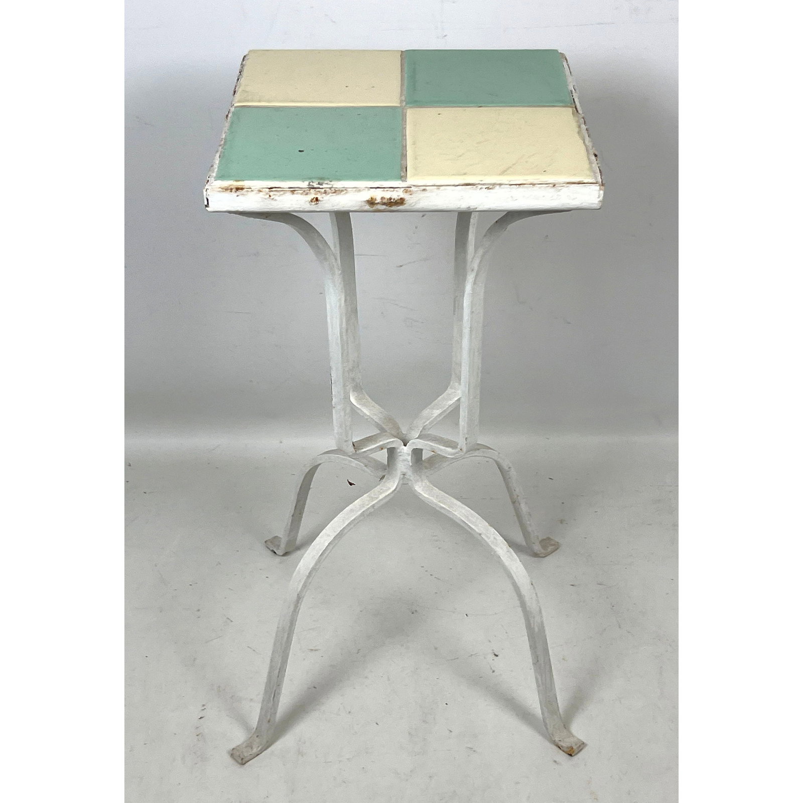 1950s White Painted Metal Side Table with Green and White 4pc Tile Top (1 of 7)