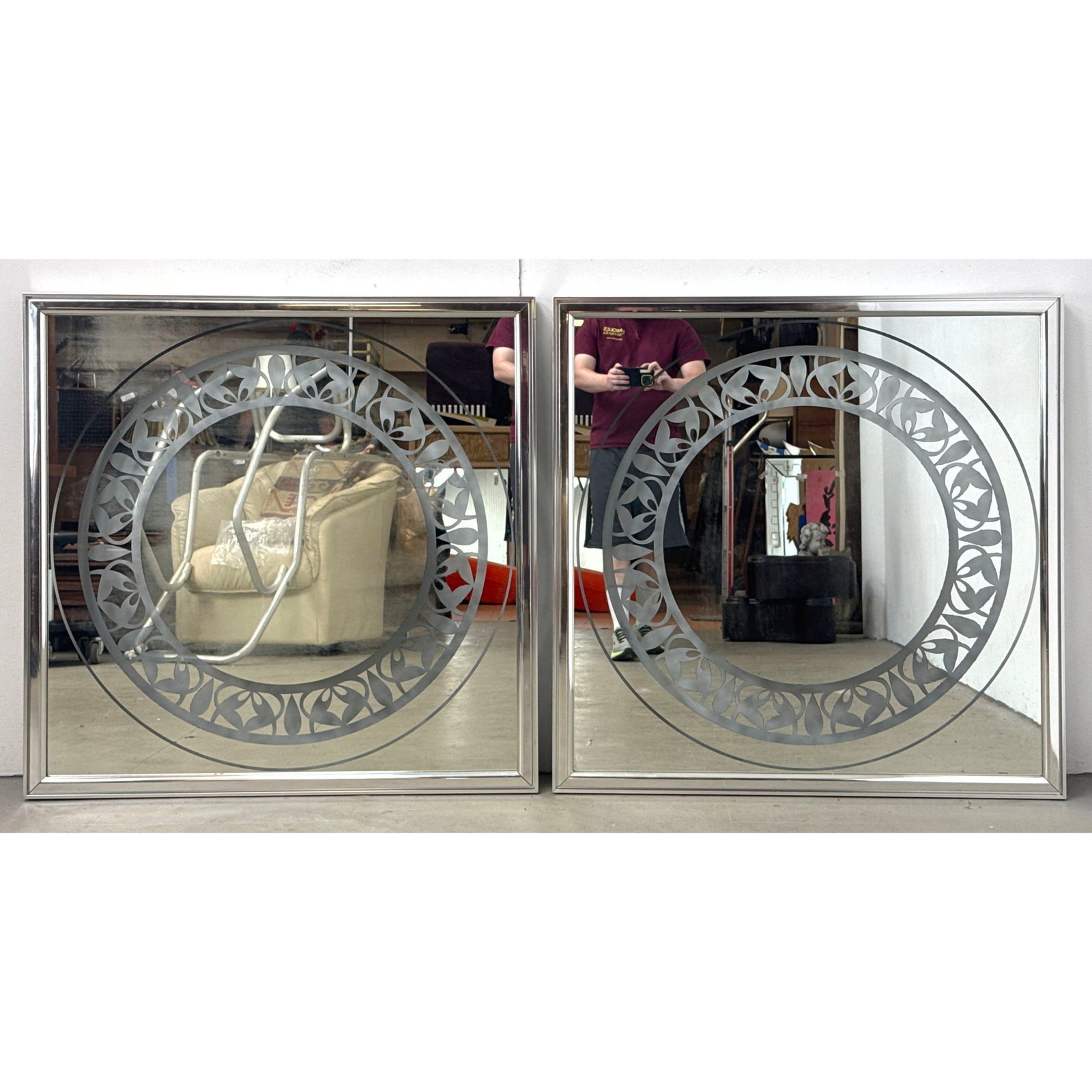 Pair Vanguard Studios Mid Century Modern Square Chrome Wall Mirrors with Etched Circular Foliate Des (1 of 17)
