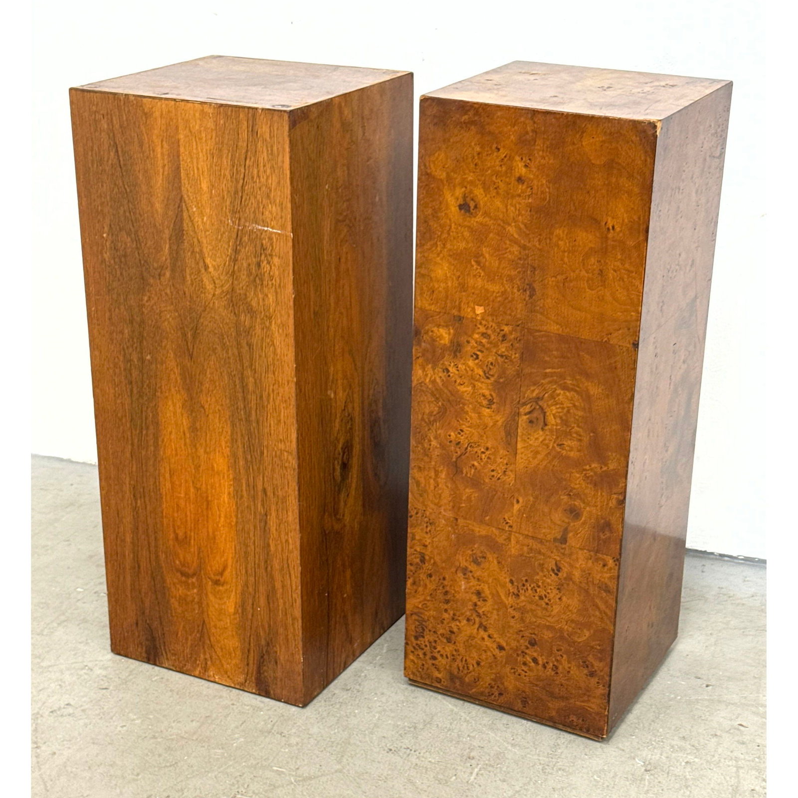 2pcs Mid Century Modern Wood Pedestals in Burlwood and Walnut veneers Milo Baughman style. (1 of 11)