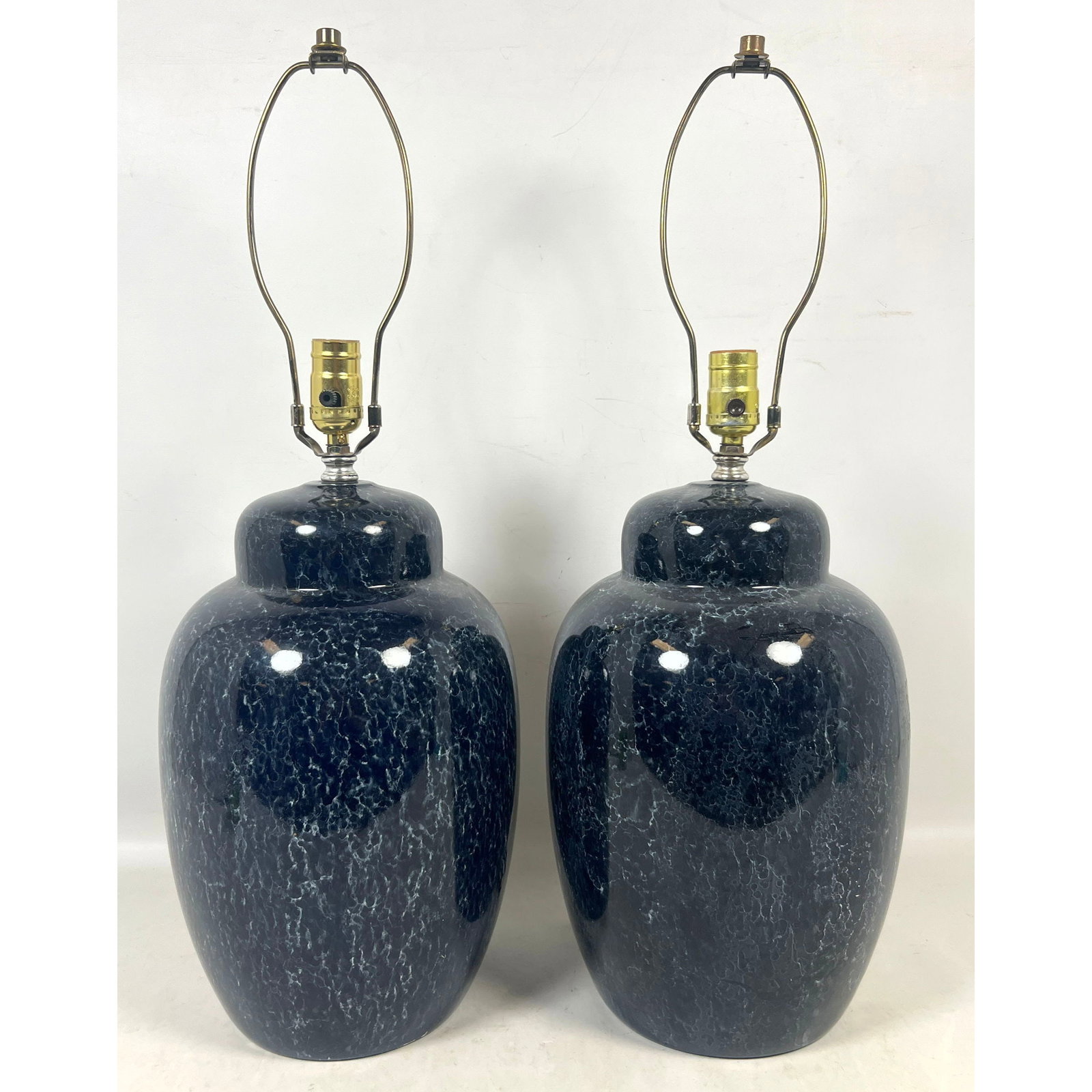 Pair Mid-Century Modern Style Blue and White Mottled Glaze Ceramic Ginger Jar Table Lamps with Brass (1 of 11)