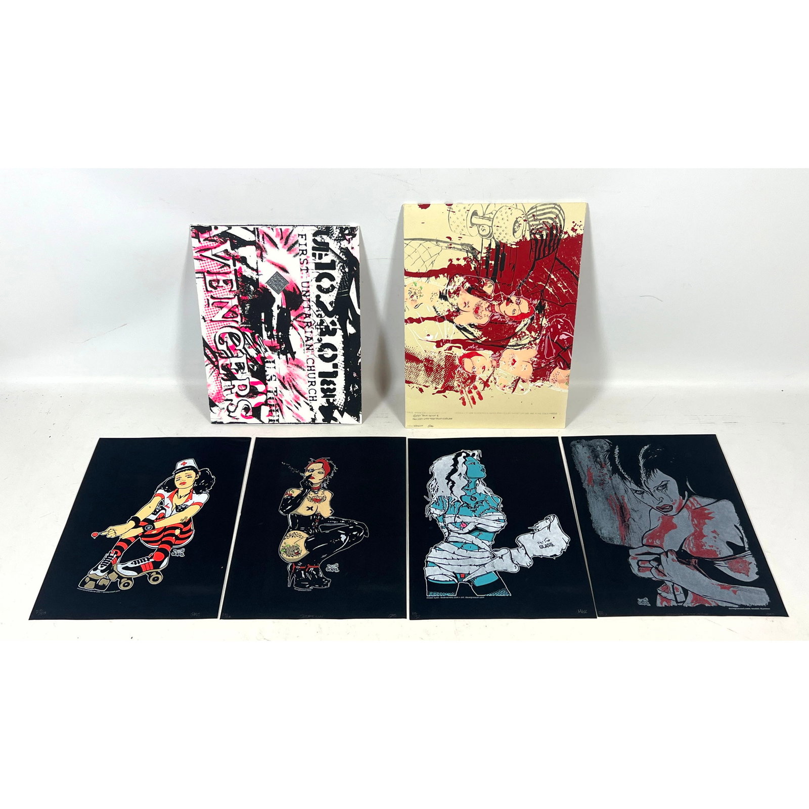 Dave Glass 4pc Velvet Print Set with Unique Test Print Envelope and Large Avengers Silkscreen Folder: Dave Glass 4pc Velvet Print Set with Unique Test Print Envelope and Large Avengers Silkscreen Folder Dimensions: Height: 14 inches, Width: 10 inches. --- US Packing and Shipping charge: In house shipp