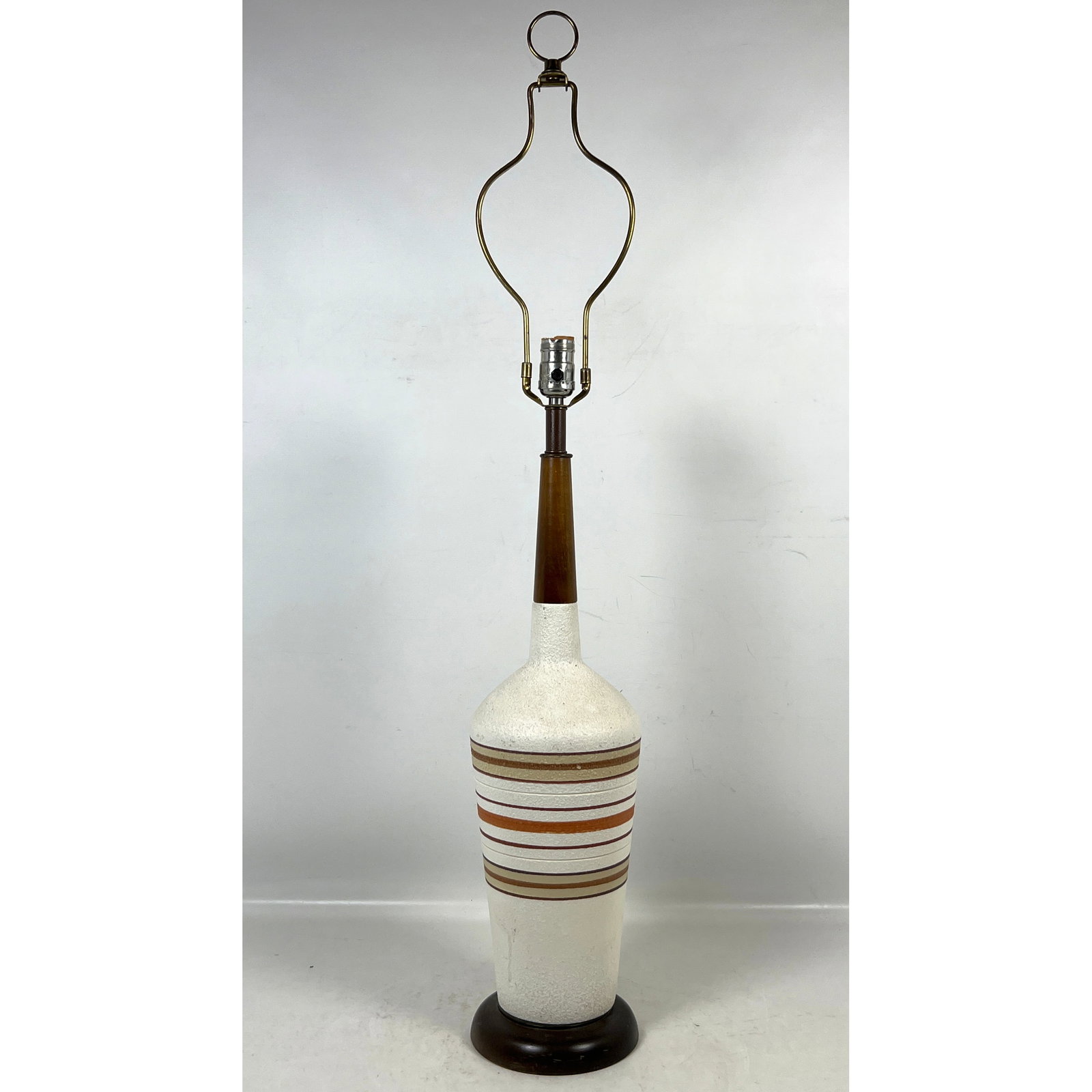 Mid-Century Modern Ceramic and Wood Table Lamp with Textured Sand Glaze and Earth Tone Stripes in th (1 of 11)